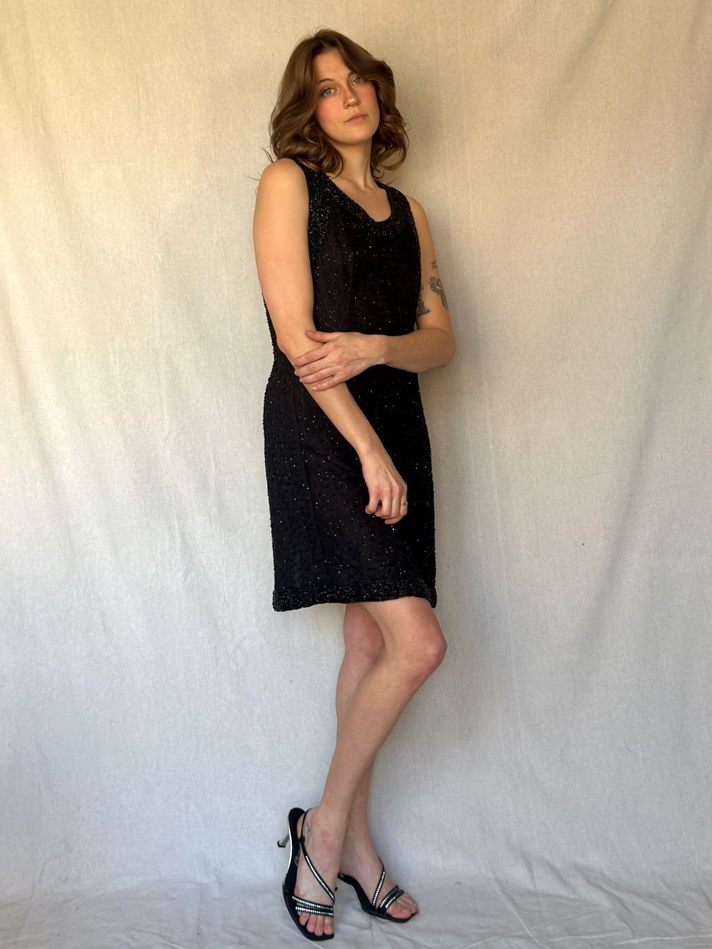 90s Black Beaded Silk Mini Cocktail Dress