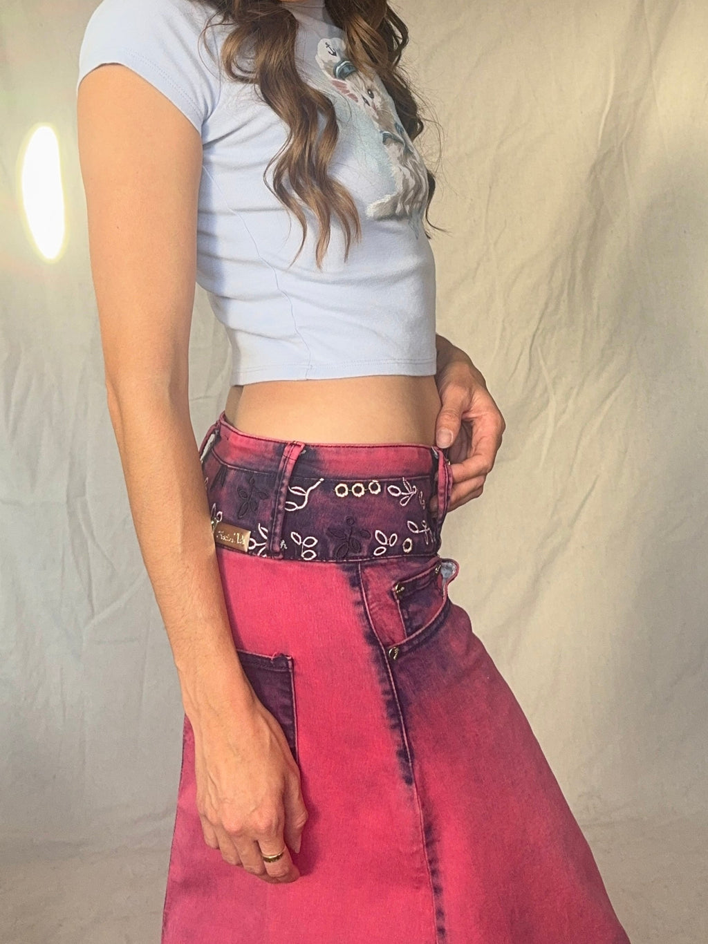 90s/Y2K Pink Whimsigoth Bleach Dye Embroidered Midi Skirt