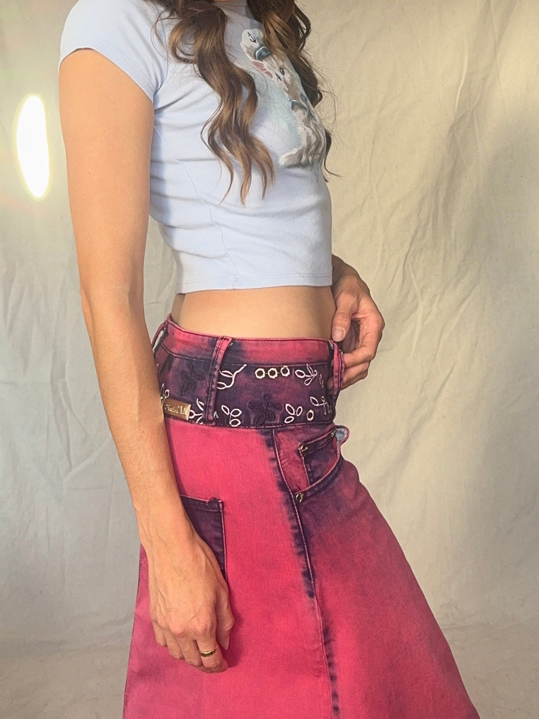 90s/Y2K Pink Whimsigoth Bleach Dye Embroidered Midi Skirt