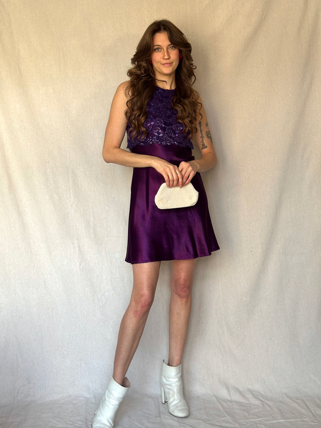 90s Purple Lace Satin Mini Keyhole Dress