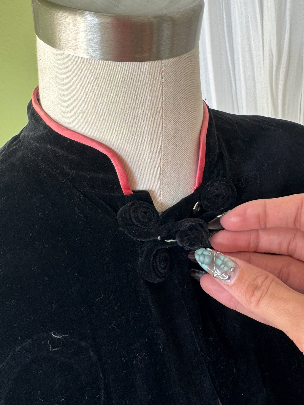 50s Black Velvet Pink Lined Smoking Jacket Duster Coat