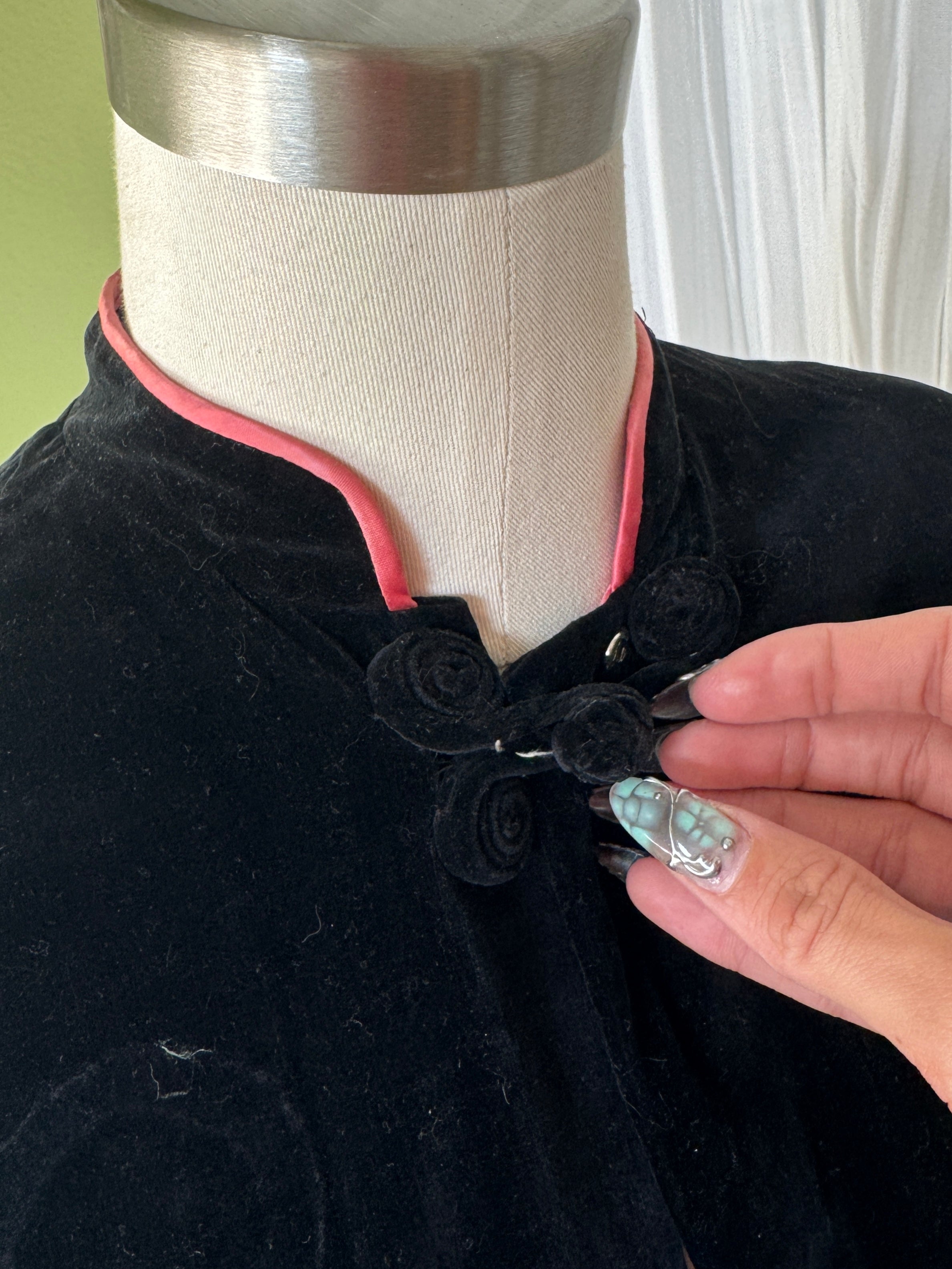 50s Black Velvet Pink Lined Smoking Jacket Duster Coat