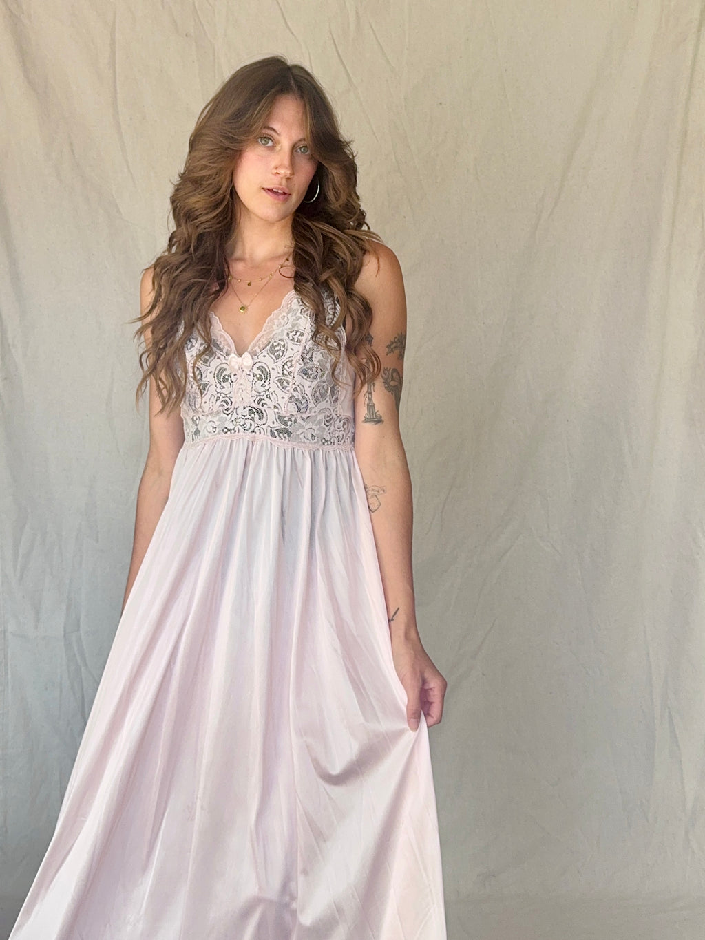 90s Baby Pink Nylon Lace Slip Dress