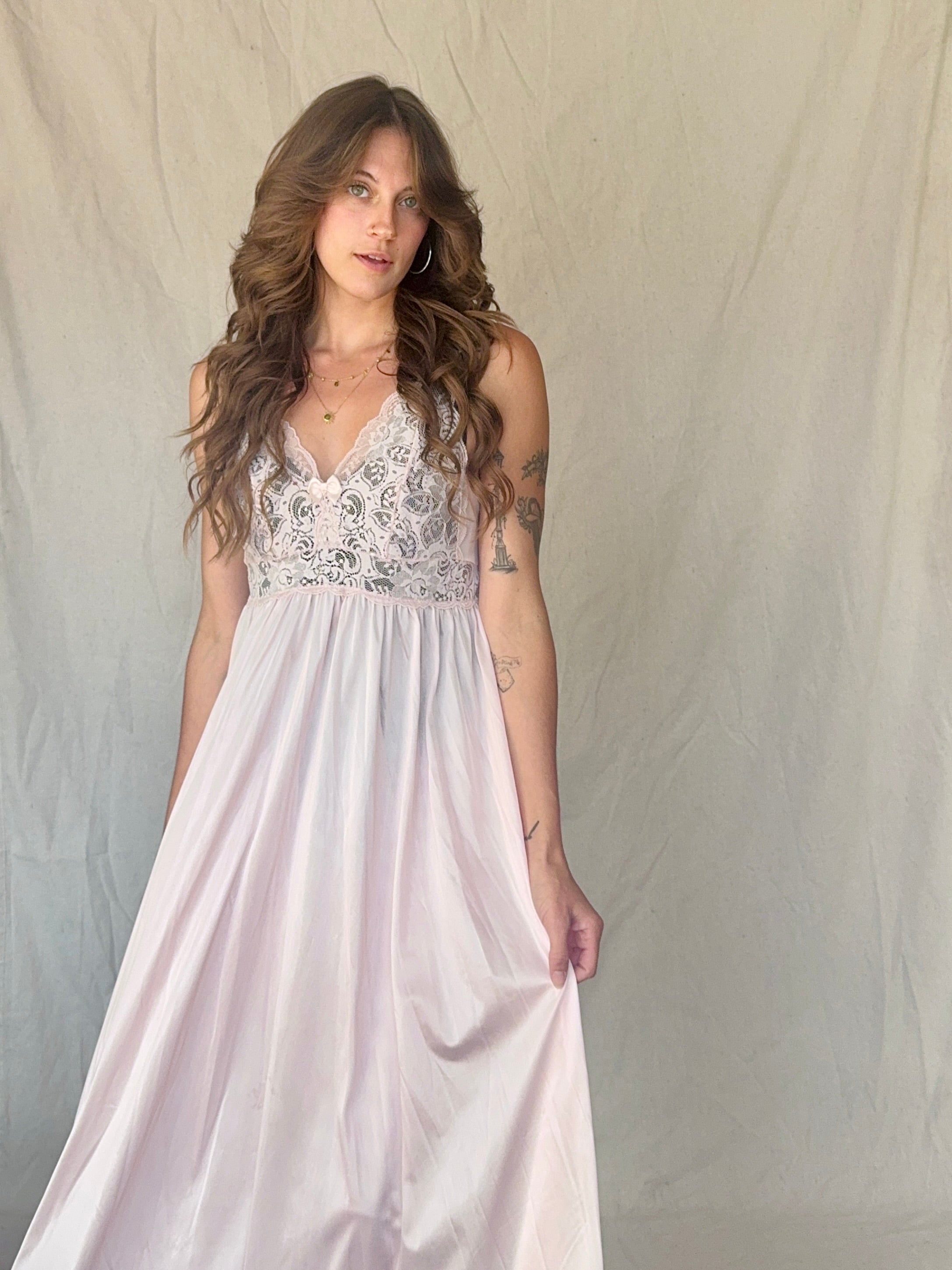 90s Baby Pink Nylon Lace Slip Dress