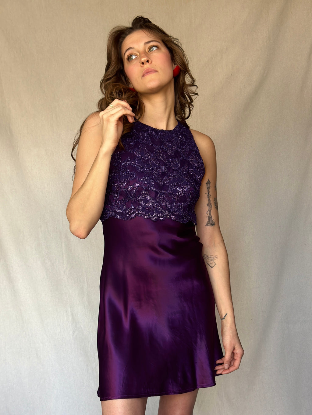 90s Purple Lace Satin Mini Keyhole Dress