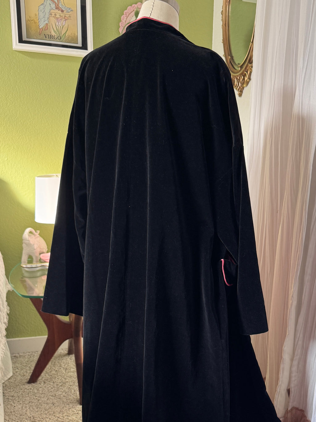 50s Black Velvet Pink Lined Smoking Jacket Duster Coat