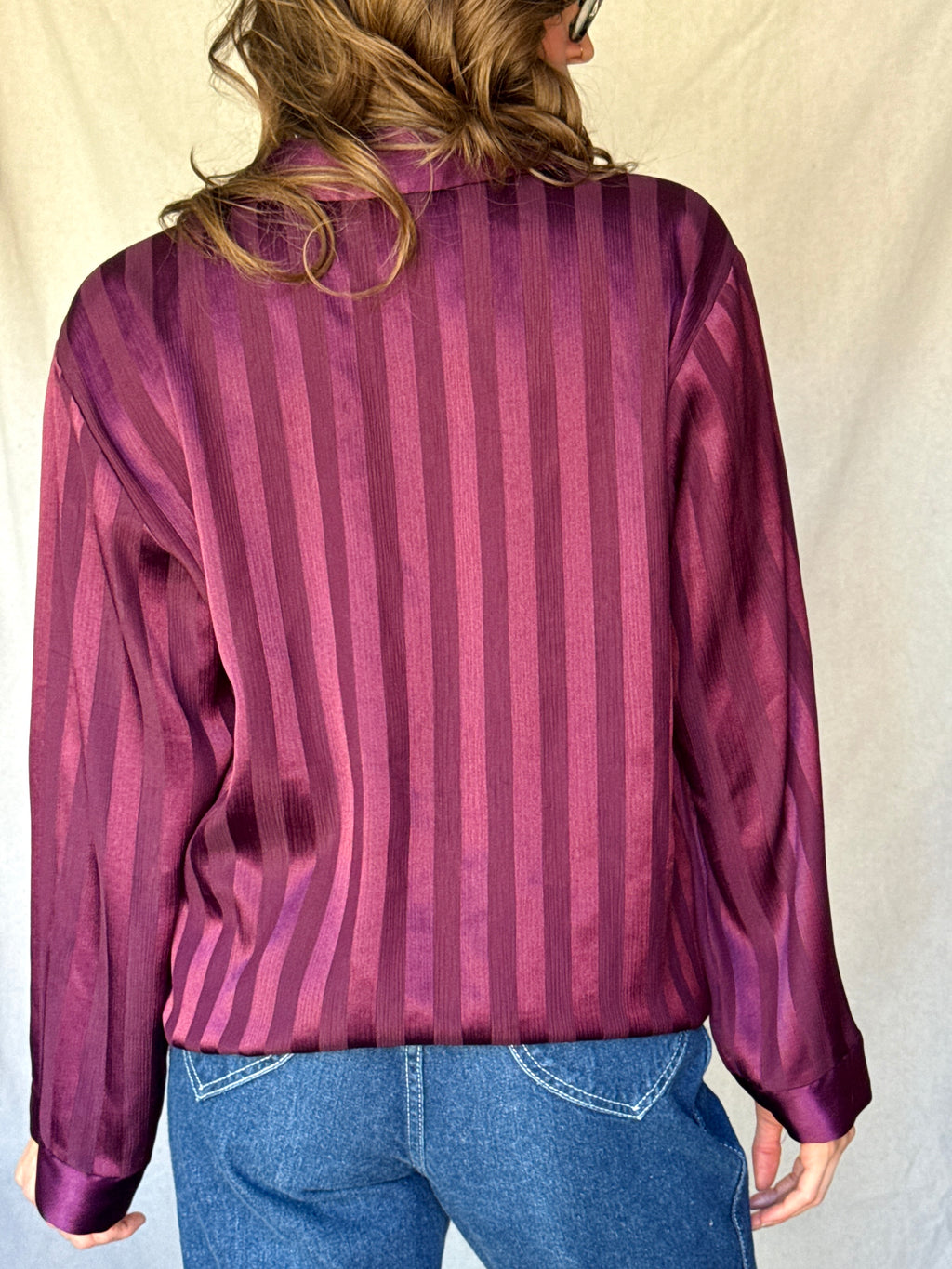 90s Cabernet Red Satin Striped Button Up Blouse