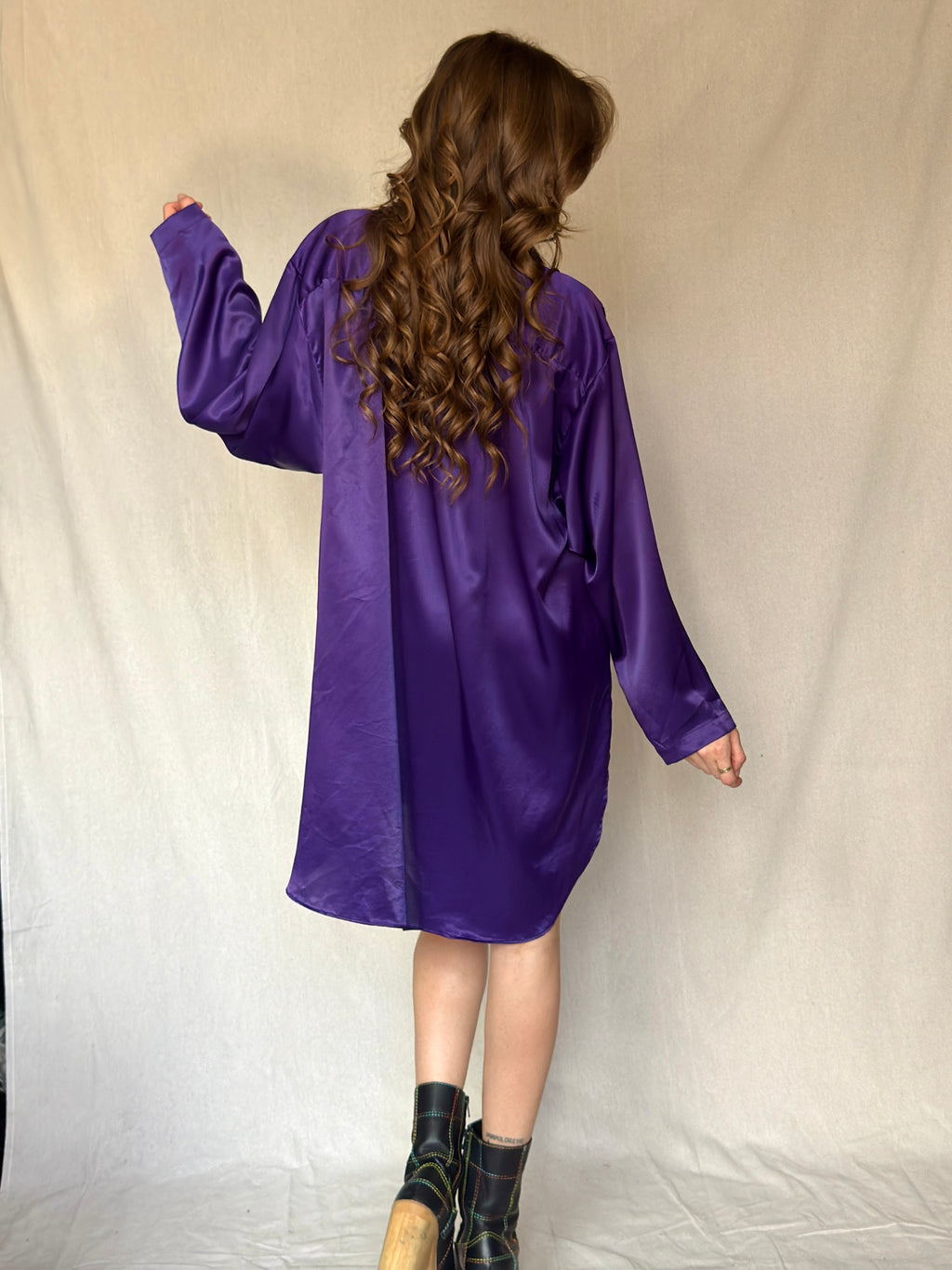 90s Purple Satin Button Up Dress