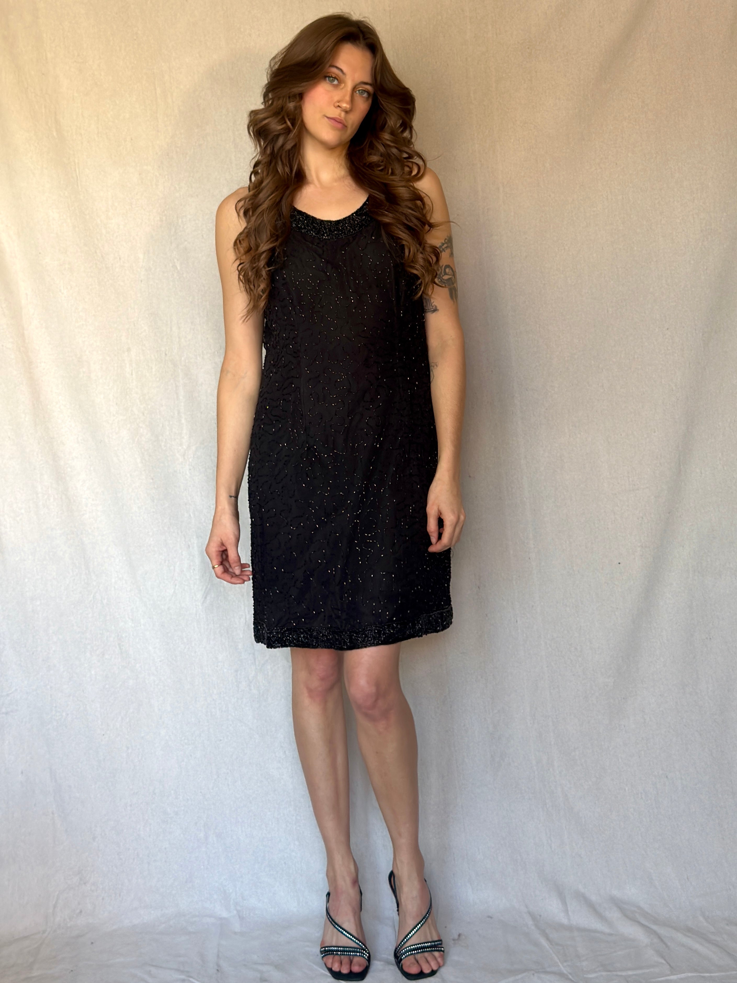 90s Black Beaded Silk Mini Cocktail Dress