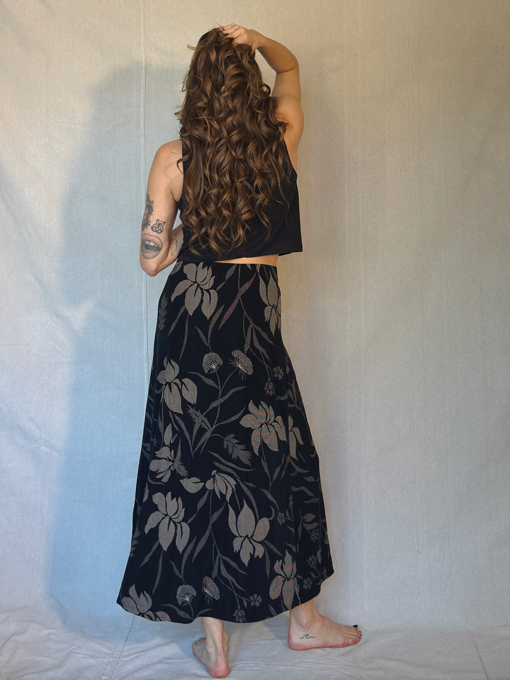90's Black Floral Button Front Midi Skirt
