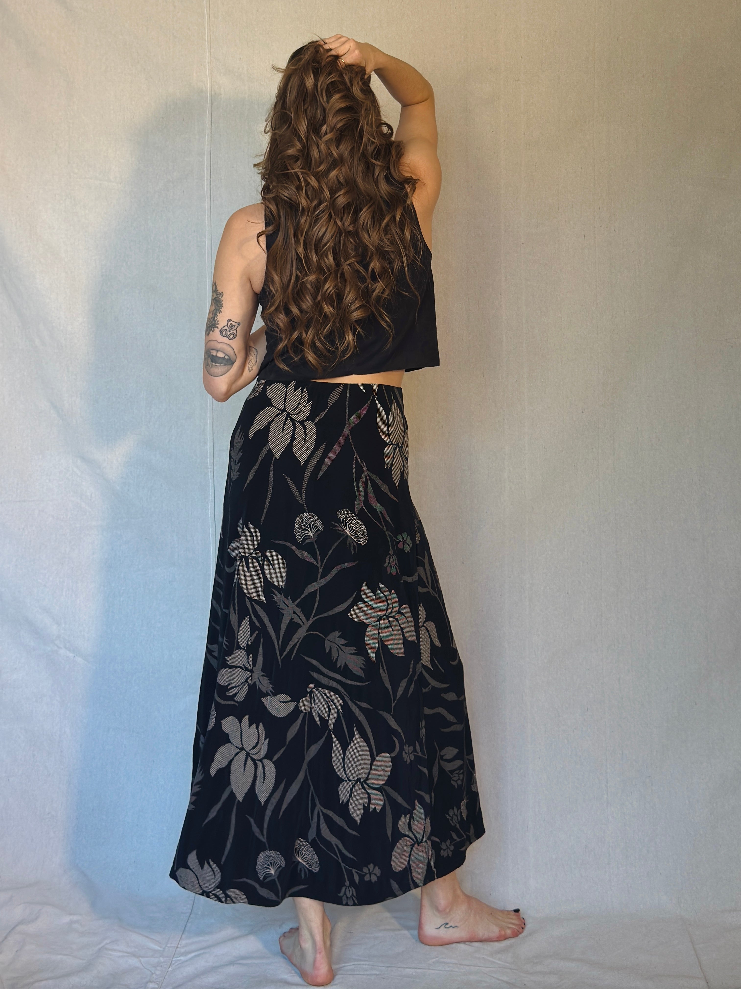90's Black Floral Button Front Midi Skirt