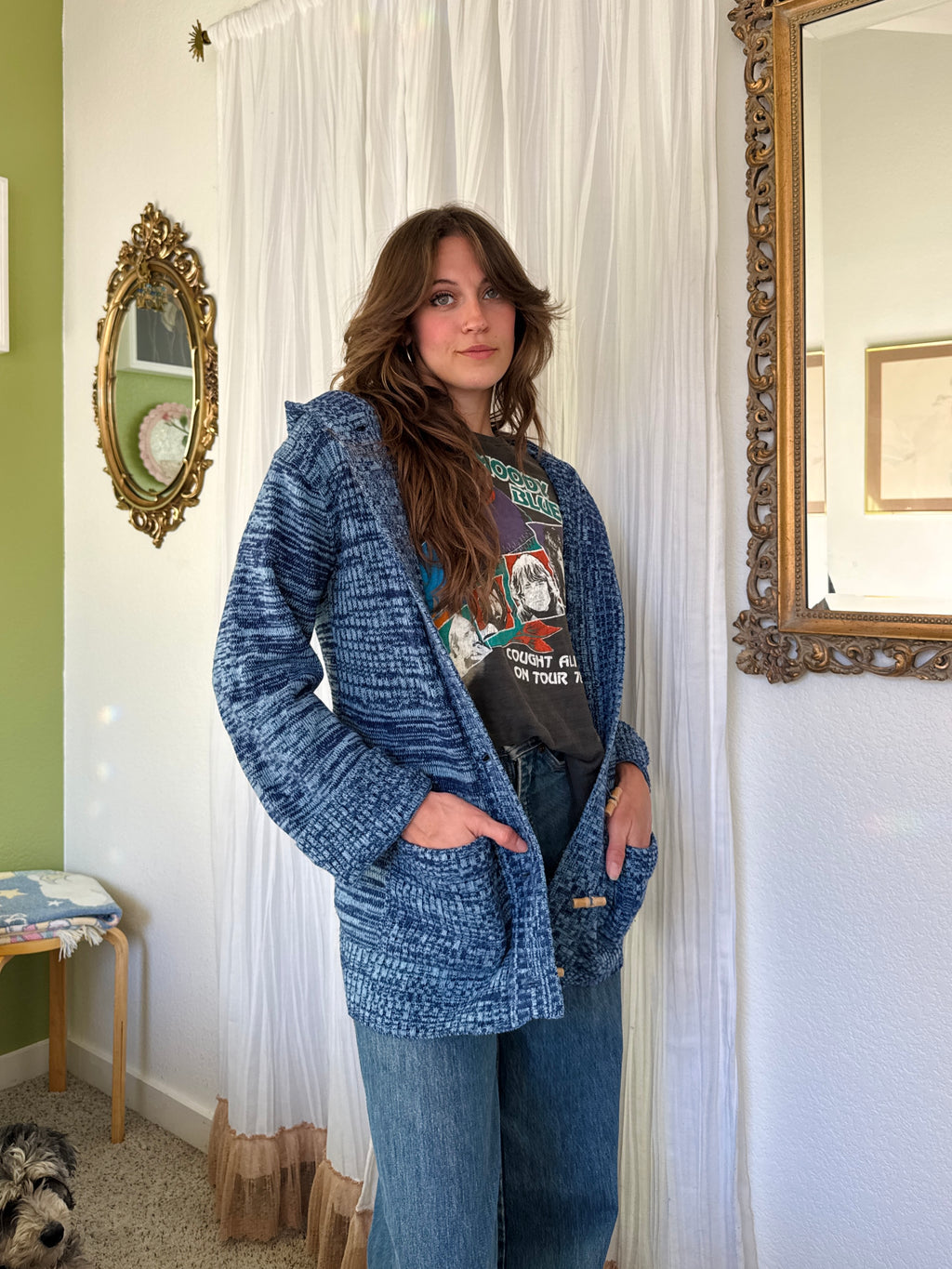 70s Blue Space Dye Hooded Toggle Sweater