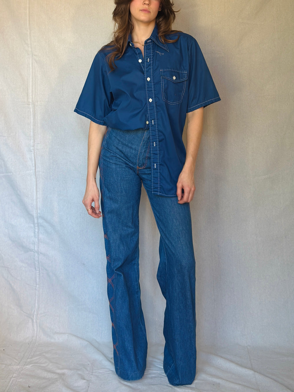 70s Blue Wing Collar Button Up