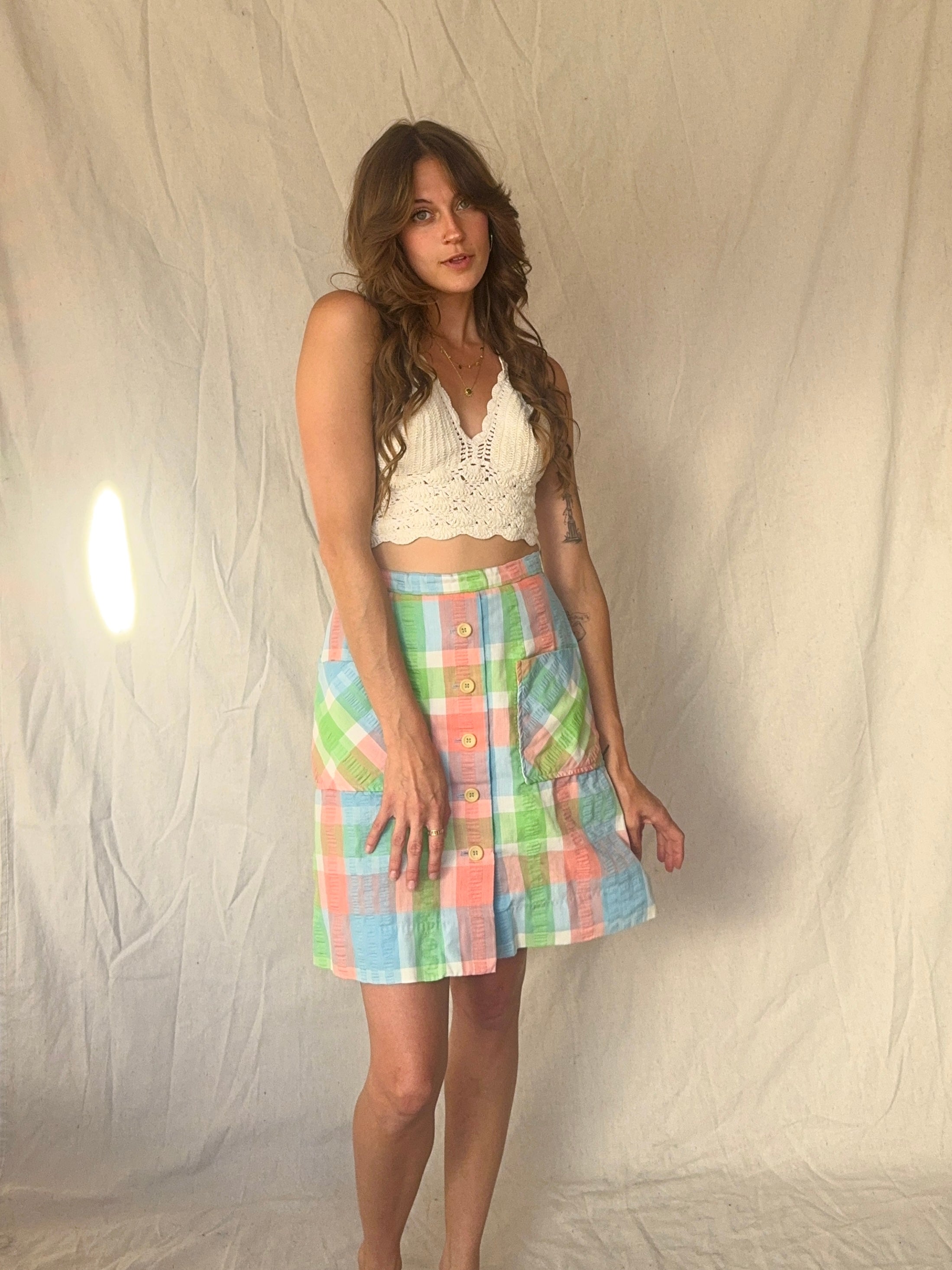 60s Preppy Plaid Mini Button Circle Skirt