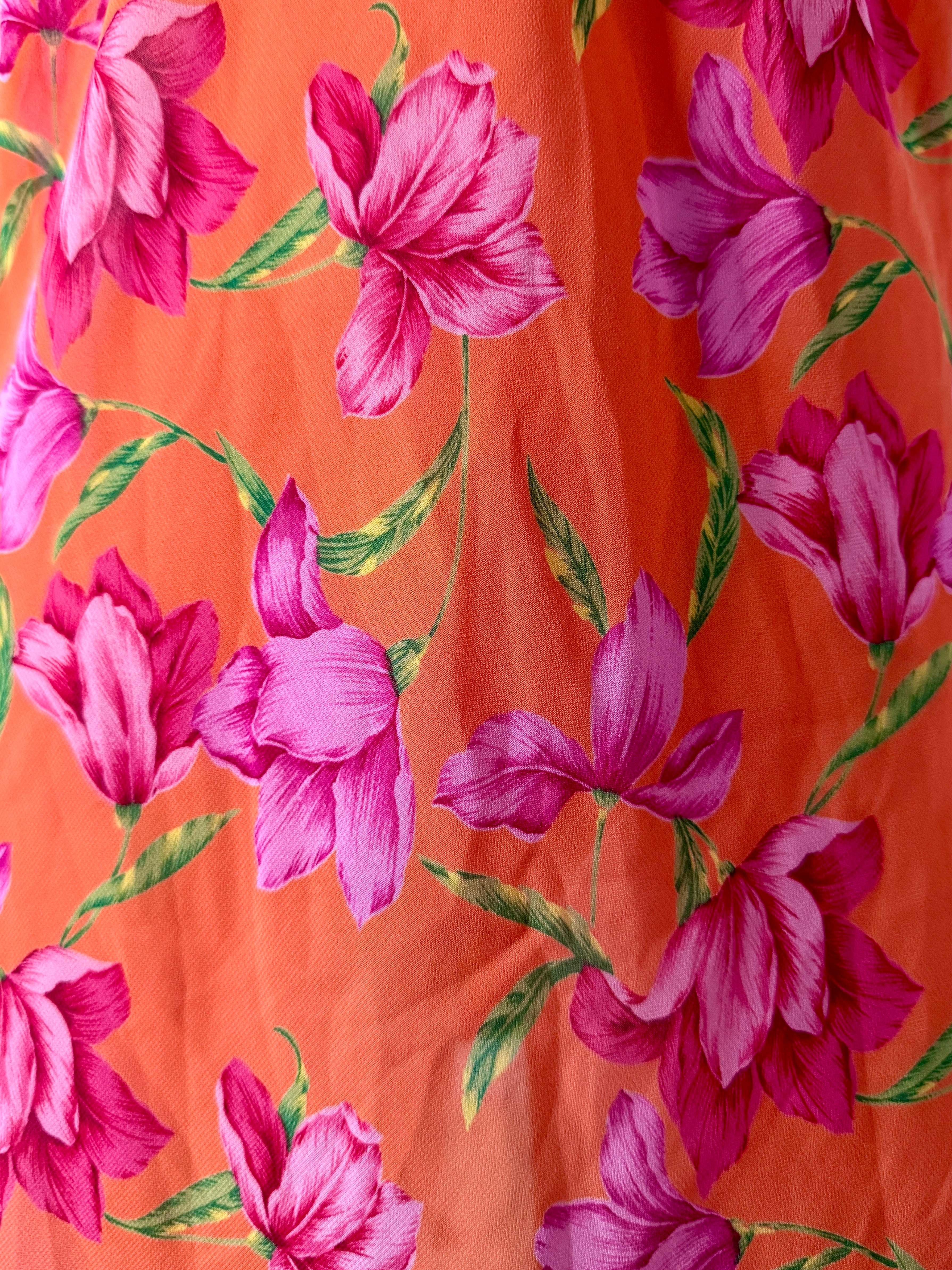 90s Sheer Orange & Pink Floral Print Ruffle Slip Dress