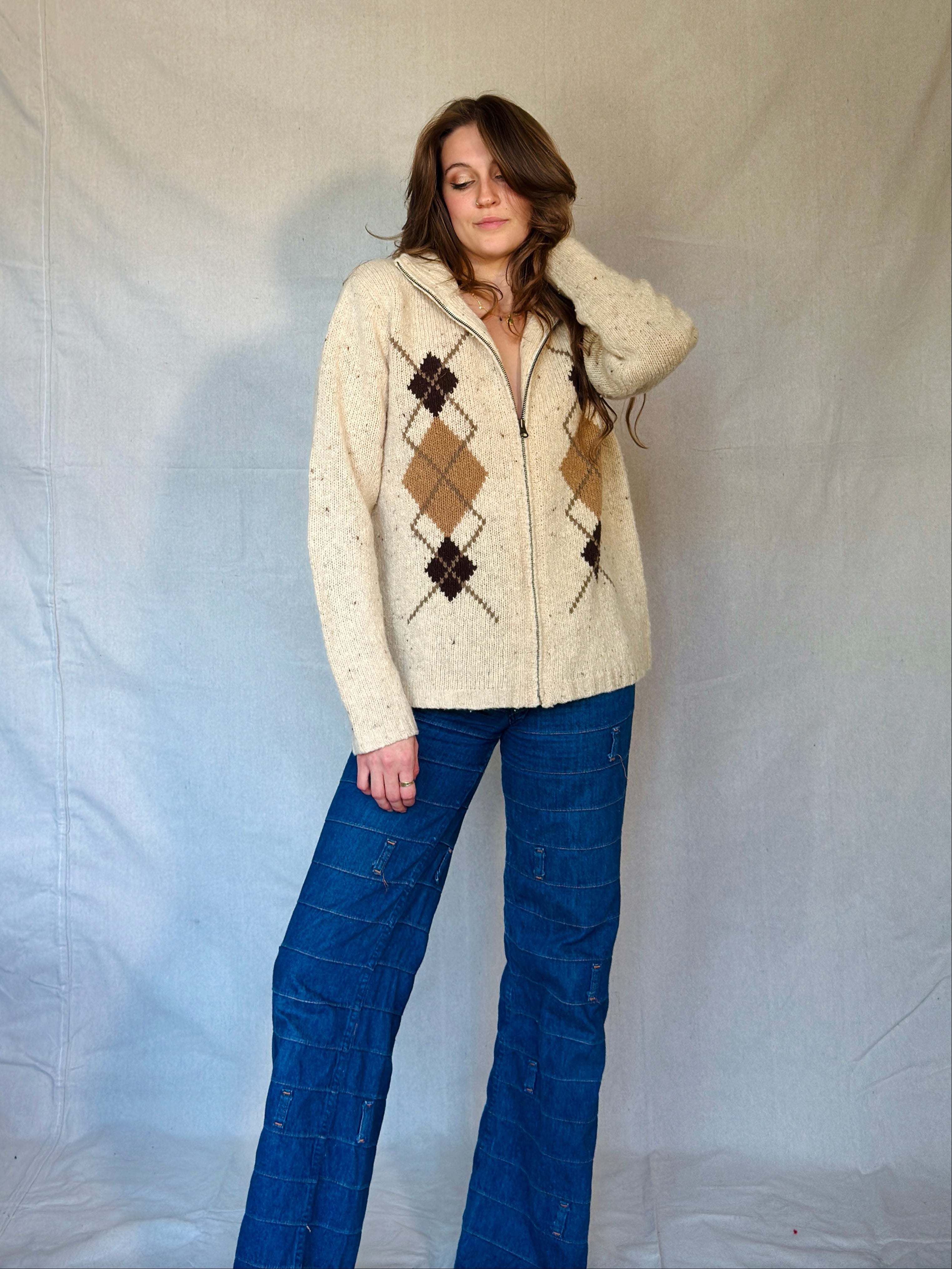 Vintage Brown Wool Argyle Sweater Cardigan