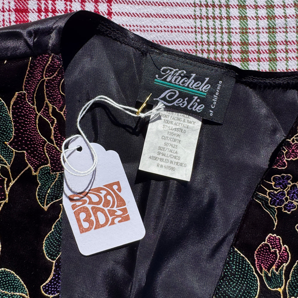 80s Black Velvet Floral Tux Vest