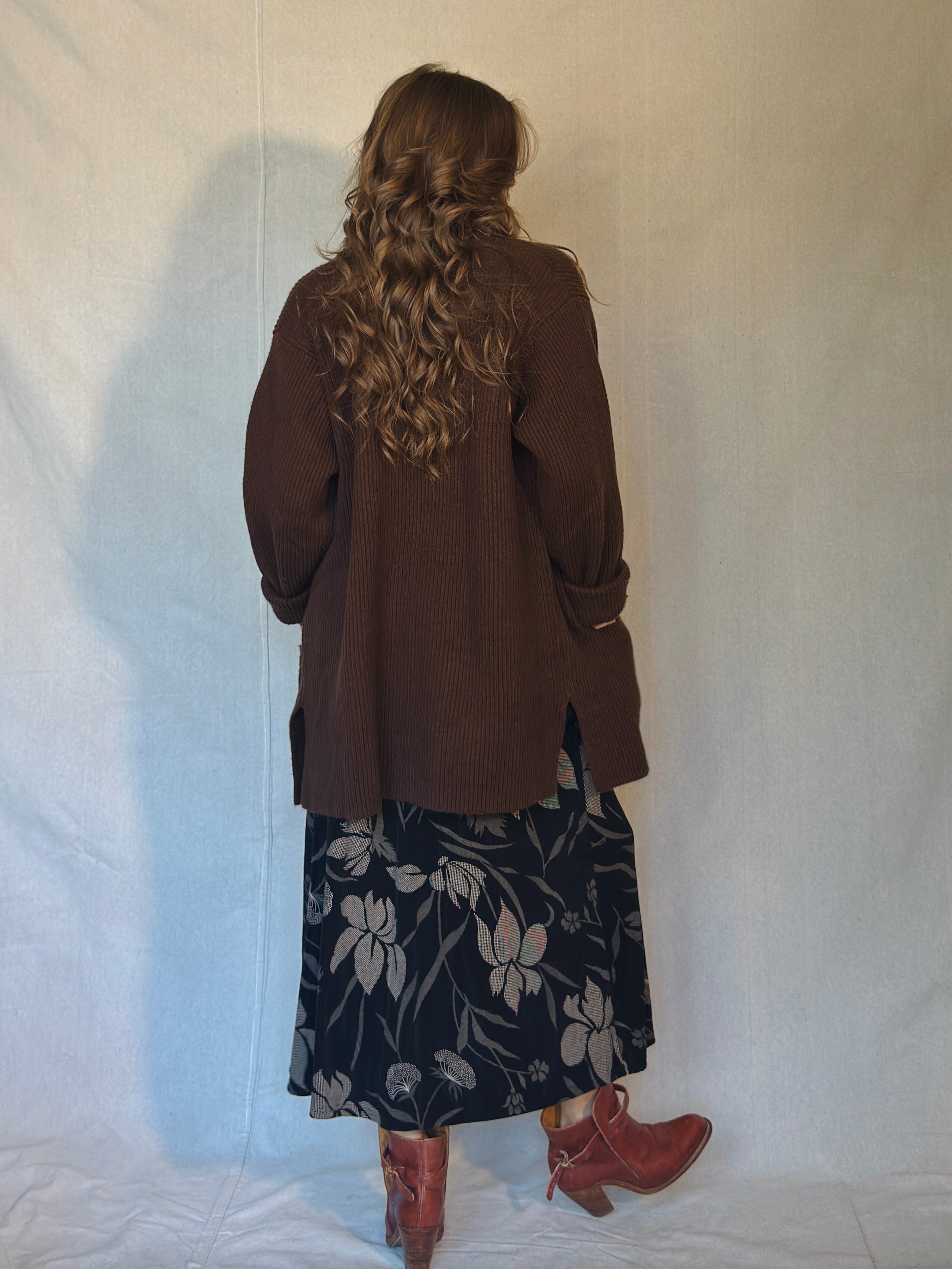 90's Black Floral Button Front Midi Skirt