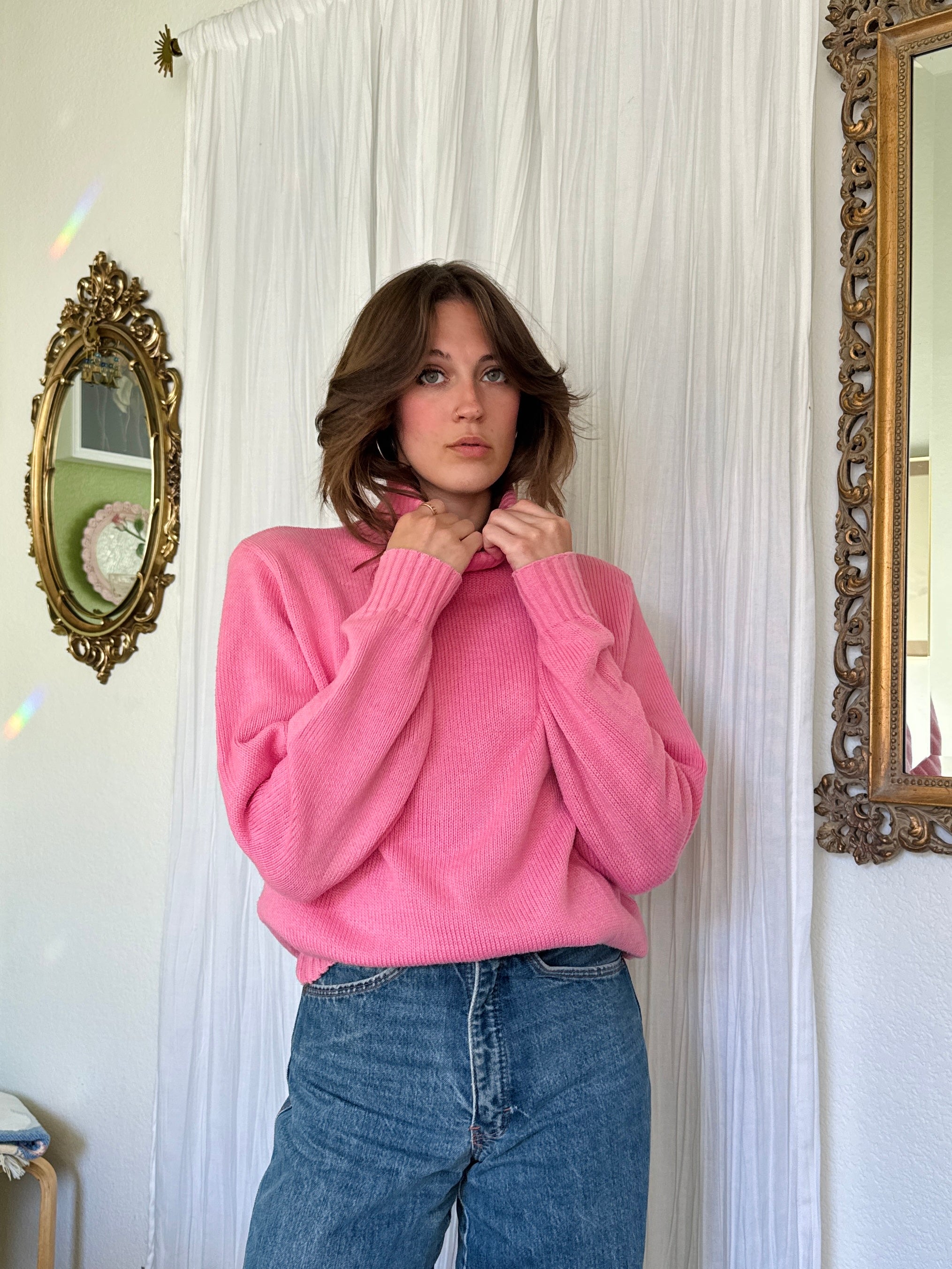 80s Barbie Pink Cotton Turtleneck Sweater