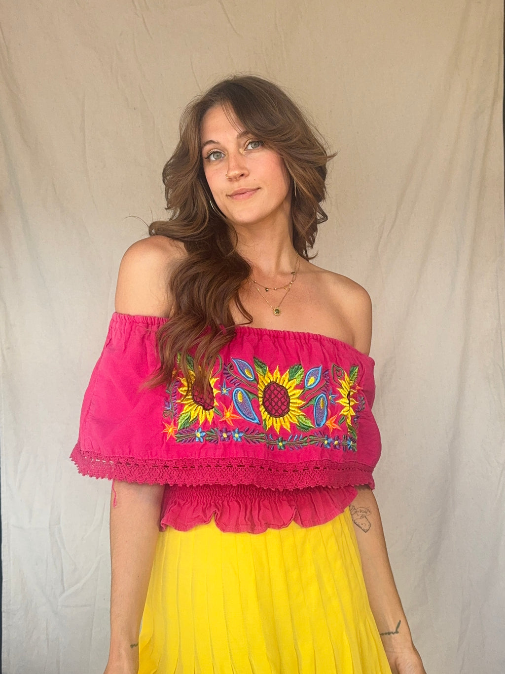 Vintage Hot Pink Off the Shoulder Embroidered Sunflower Oaxacan Summer Top