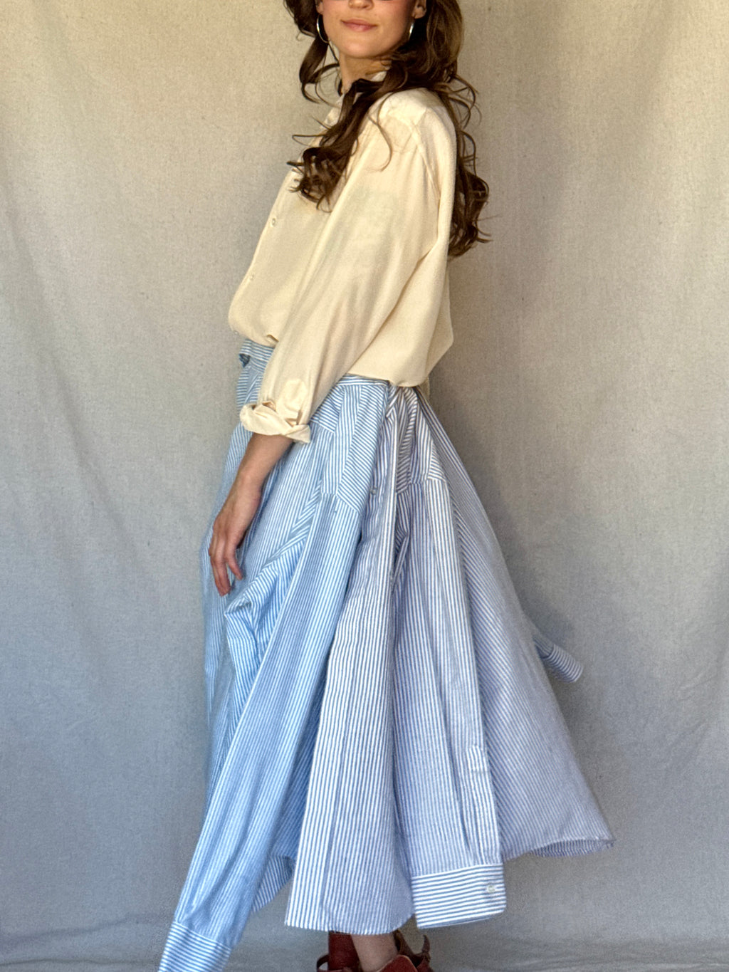 Repurposed Blue Pinstriped Button Up Skirt Set