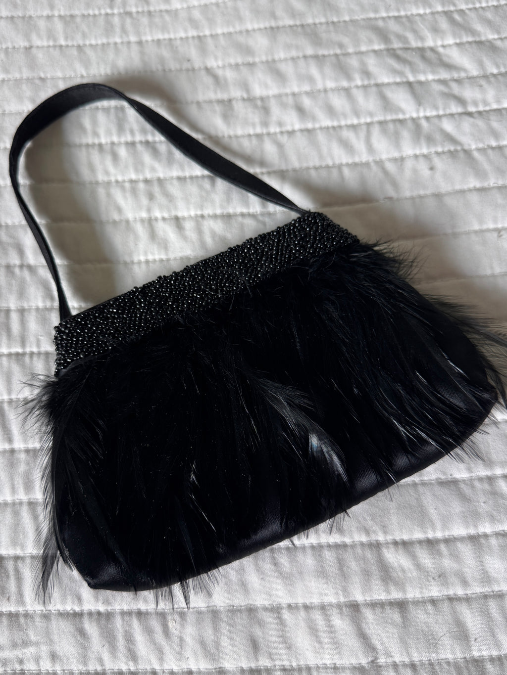 90s Black Beaded Feather Evening Handbag