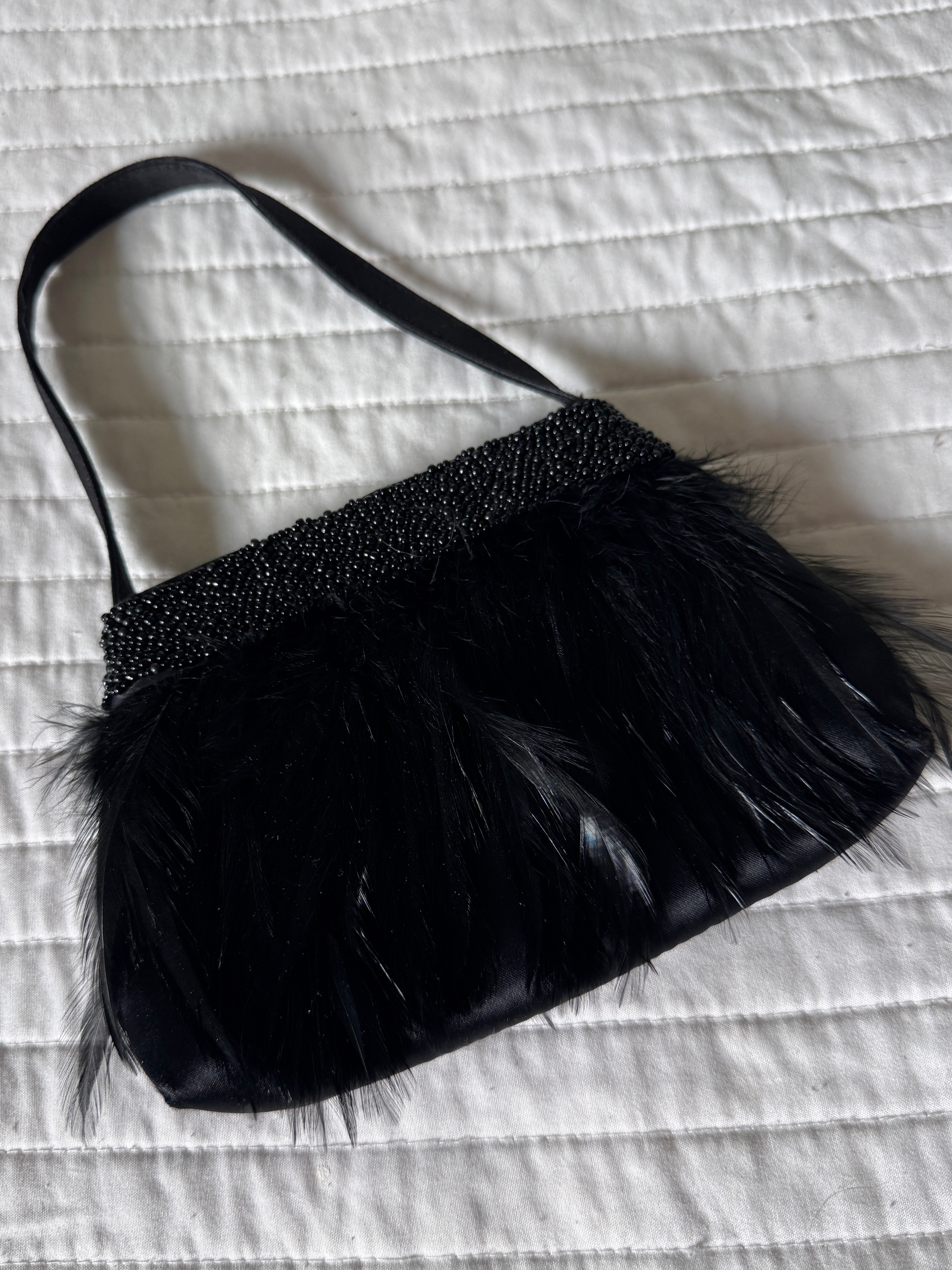 90s Black Beaded Feather Evening Handbag