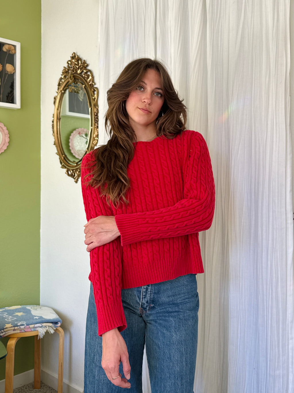 Y2K Red Cotton Cable Knit Liz Claiborne Sweater