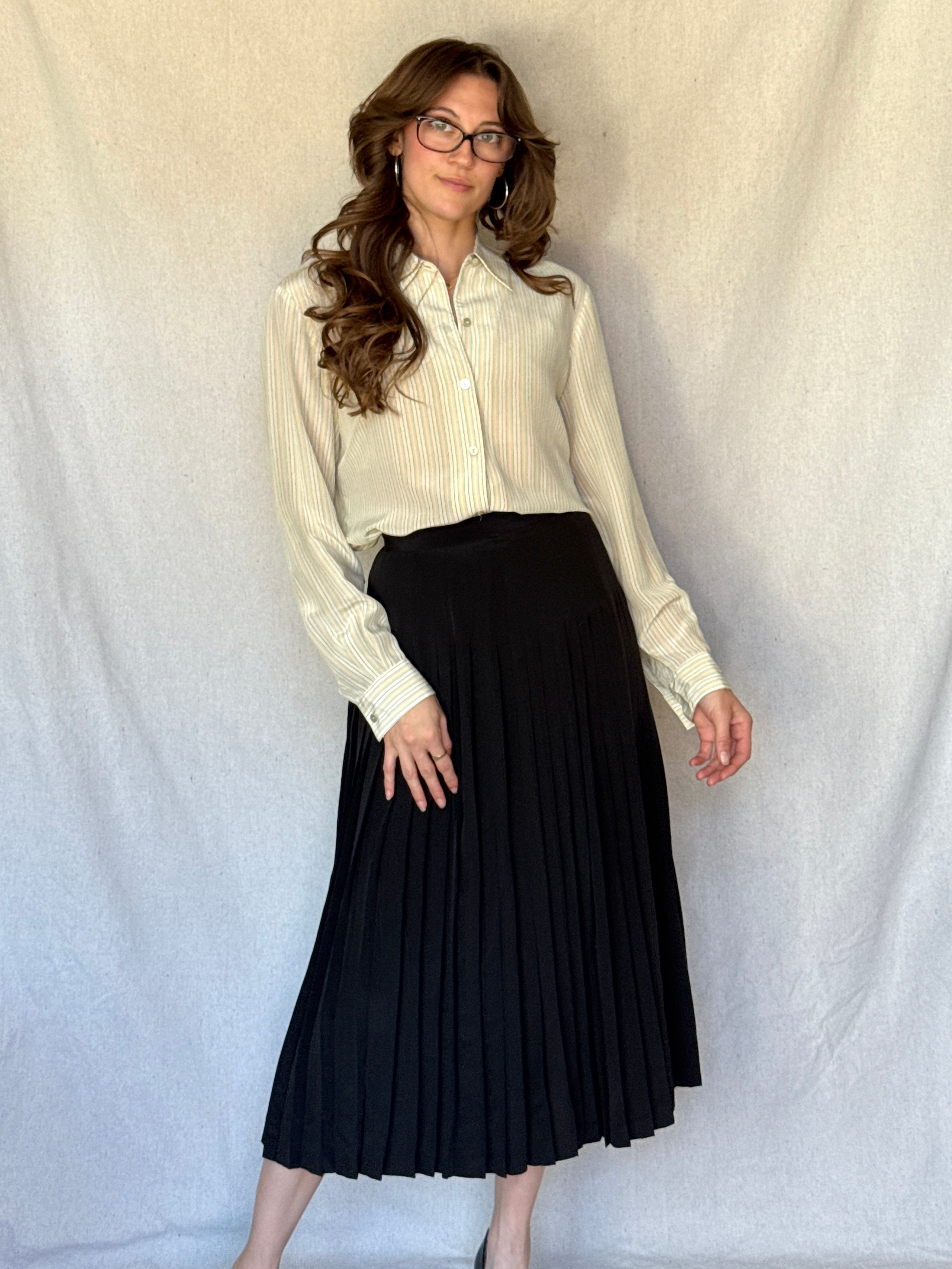 70s St. Martin Black Silk Pleated Midi Skirt