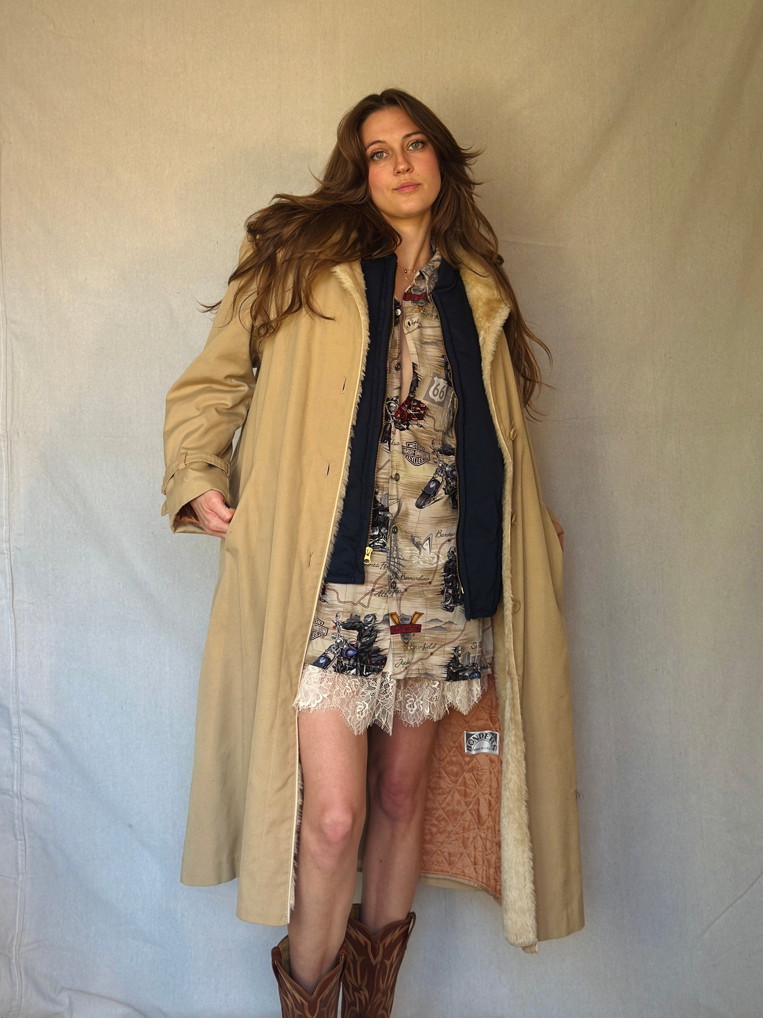 70s Tan Faux Shearling Trench Coat