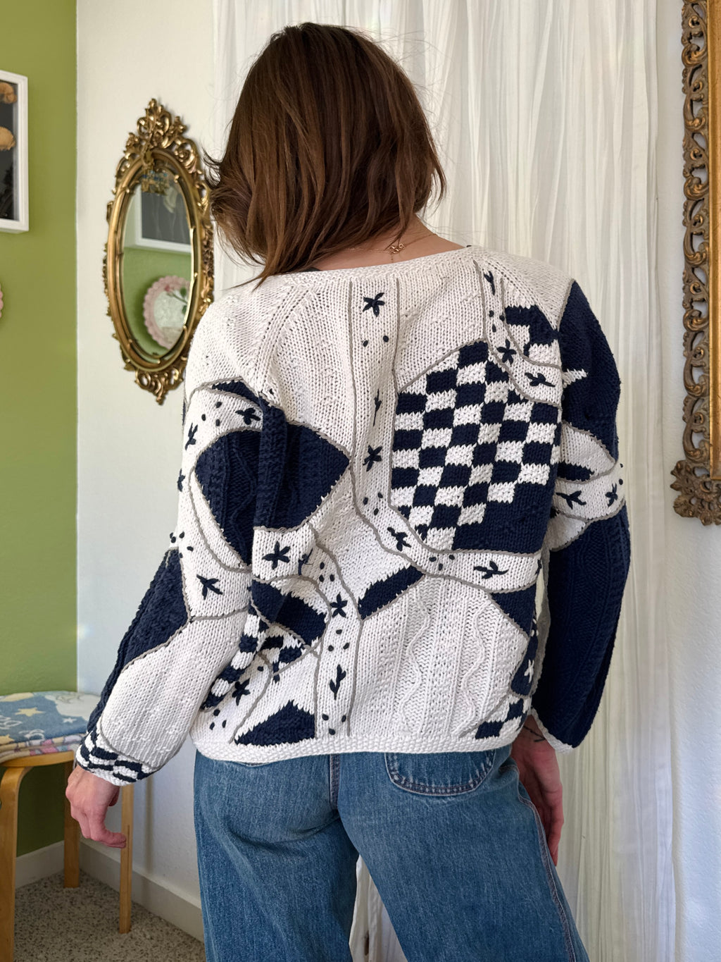 90s Cottagecore Blue & White Granny Cardigan Sweater