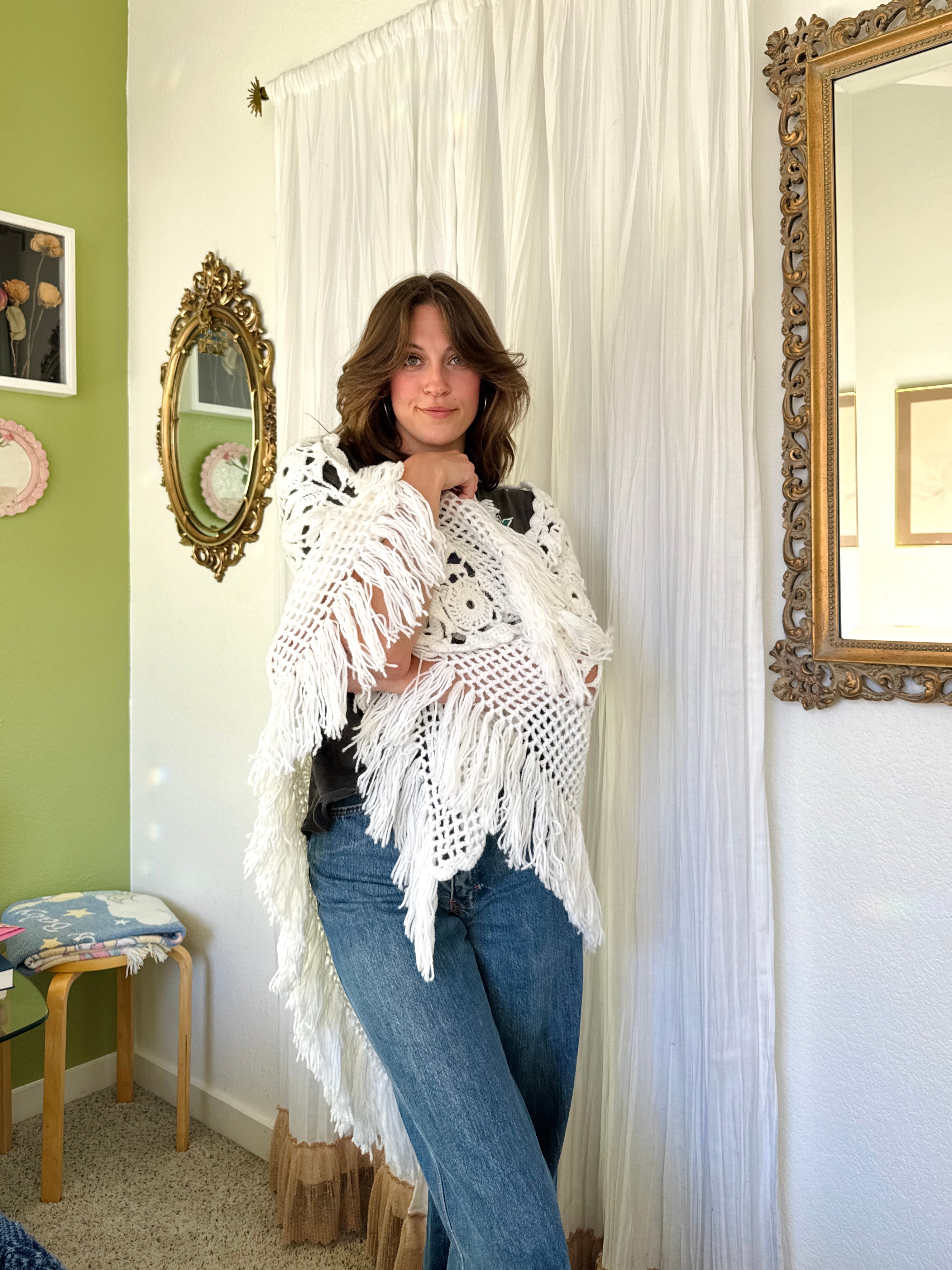Vintage White Fringe Crochet Cottagecore Shawl