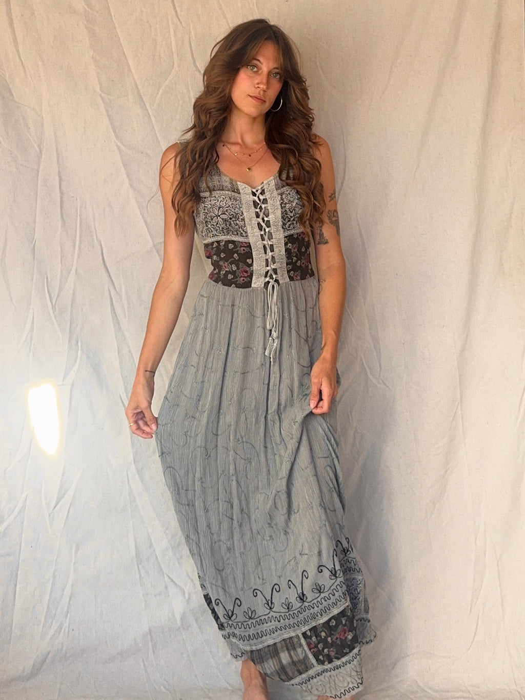 90s Grey Patchwork Whimsigoth Embroidered Fairy Maxi Dress