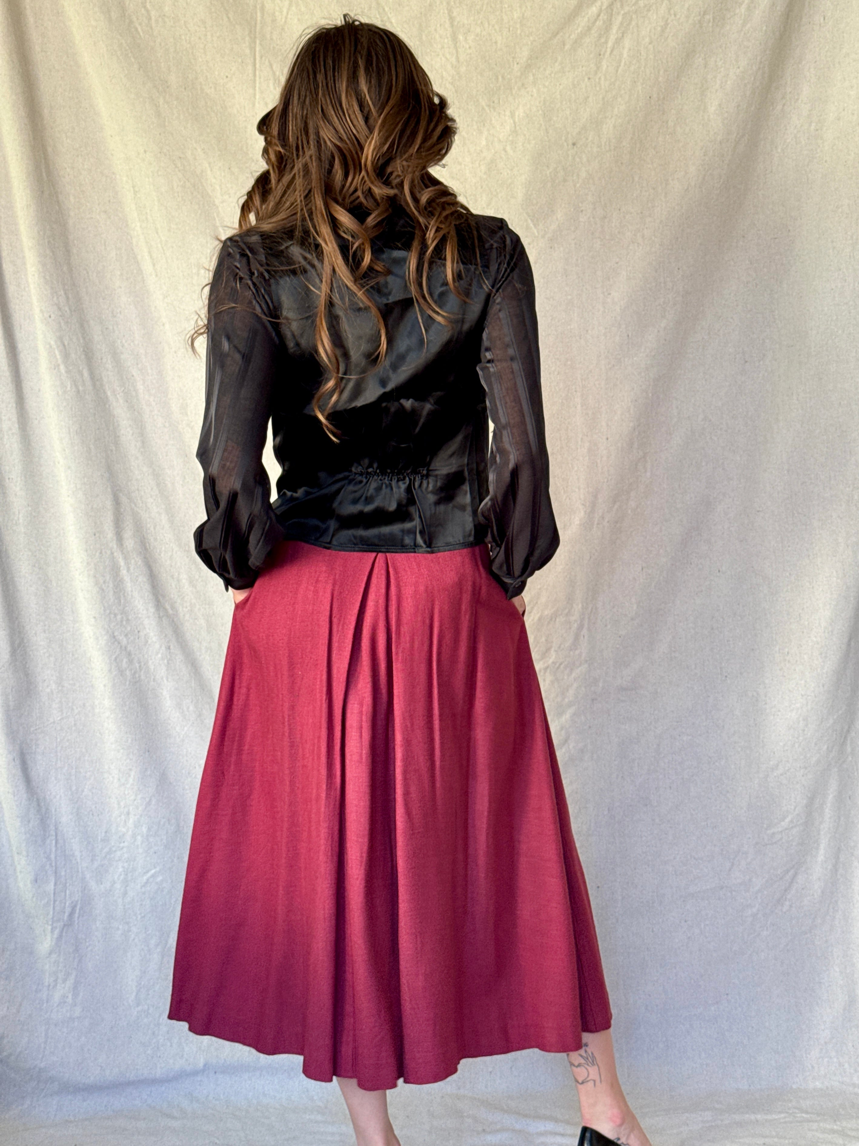 70s Burgundy Pleated Midi Skirt