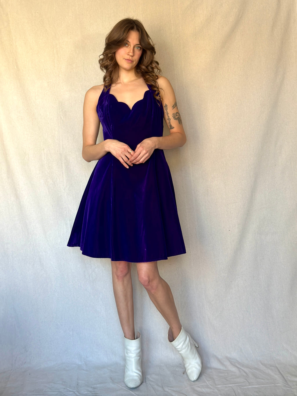 90s Purple Velvet Halter Mini Cocktail Dress