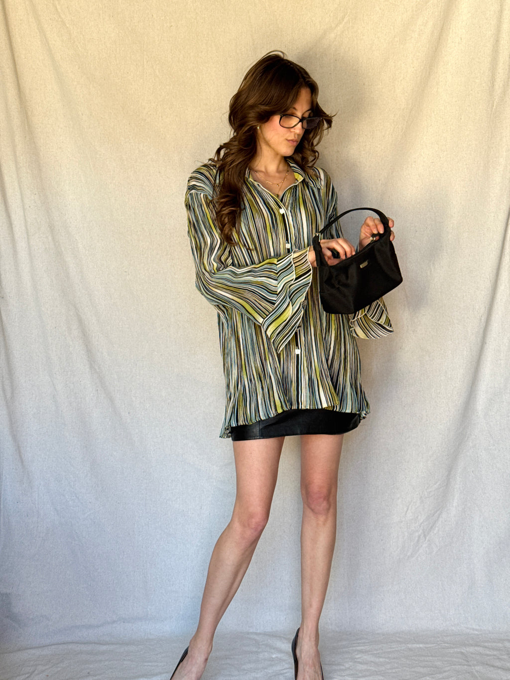 Y2K Striped Whimsy Crinkle Pleat Blouse