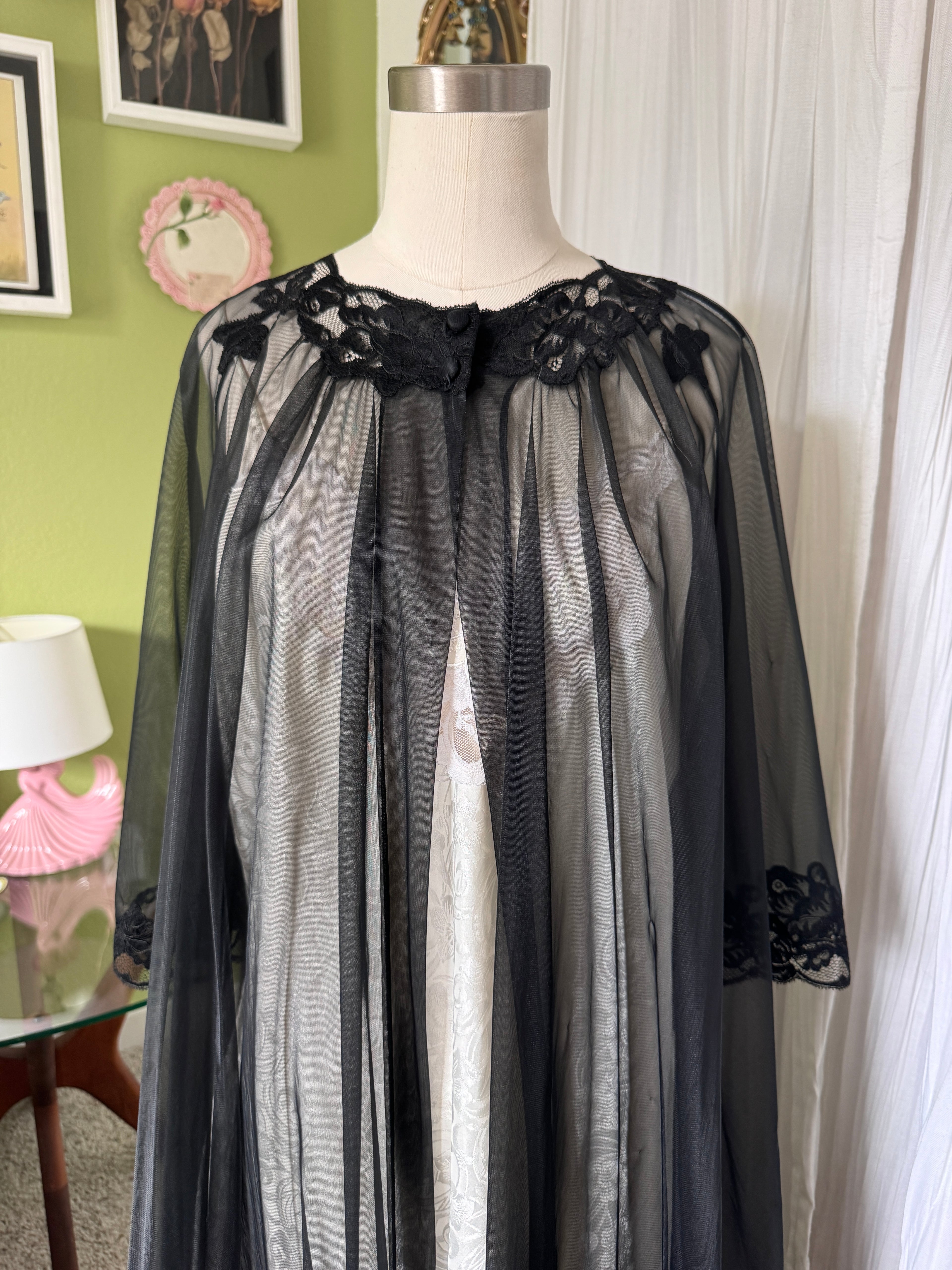 60s Sheer Black Nylon Negligee & Peignoir Set