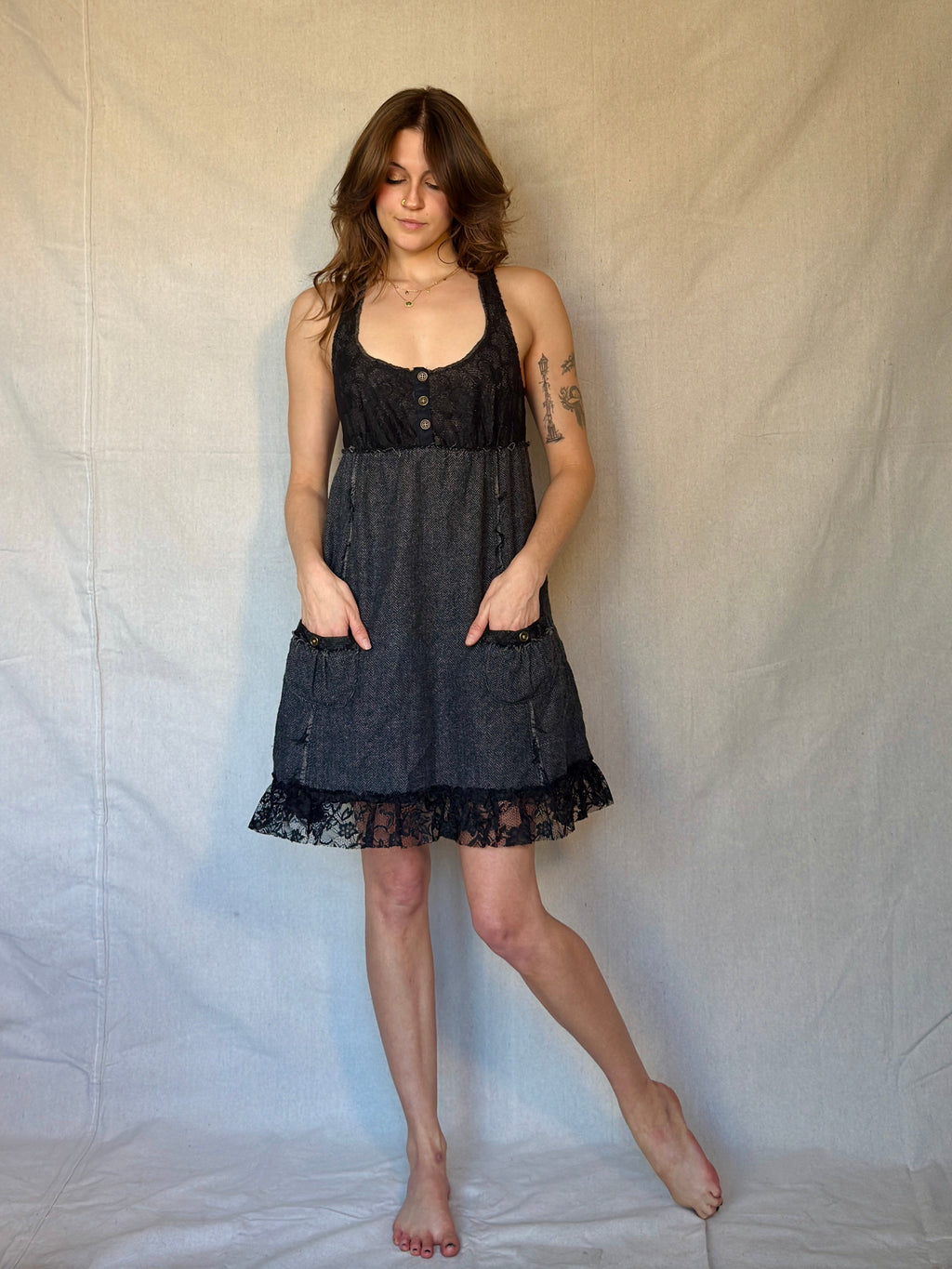 Vintage Free People Black Lace Mini Babydoll Dress
