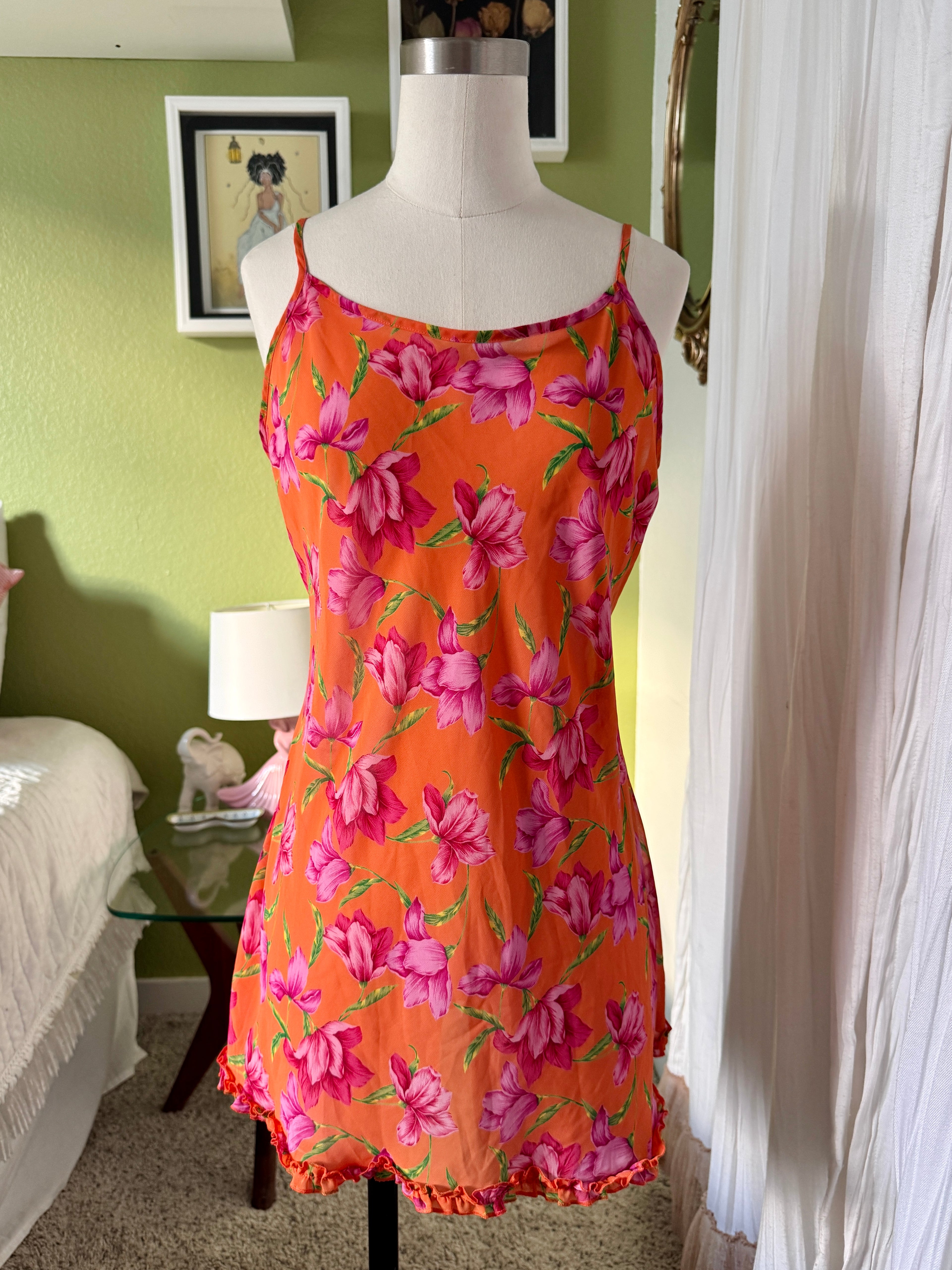 90s Sheer Orange & Pink Floral Print Ruffle Slip Dress