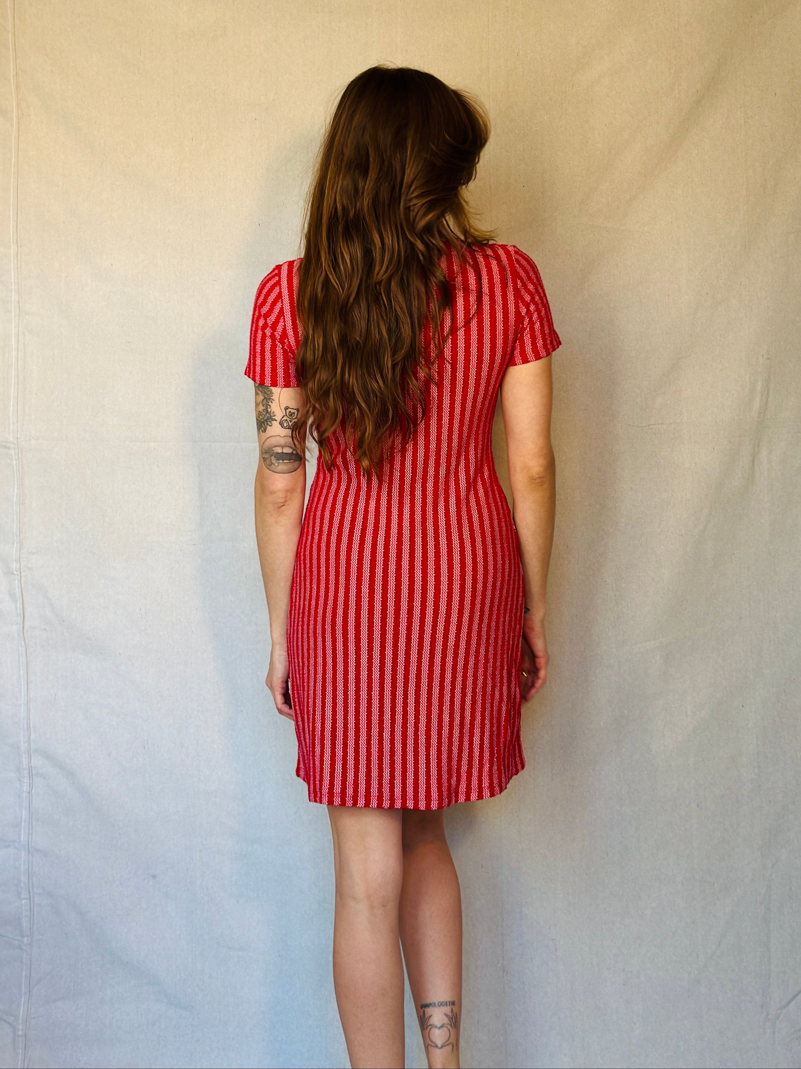 Red Striped Tie Front Mini Dress (Modern)