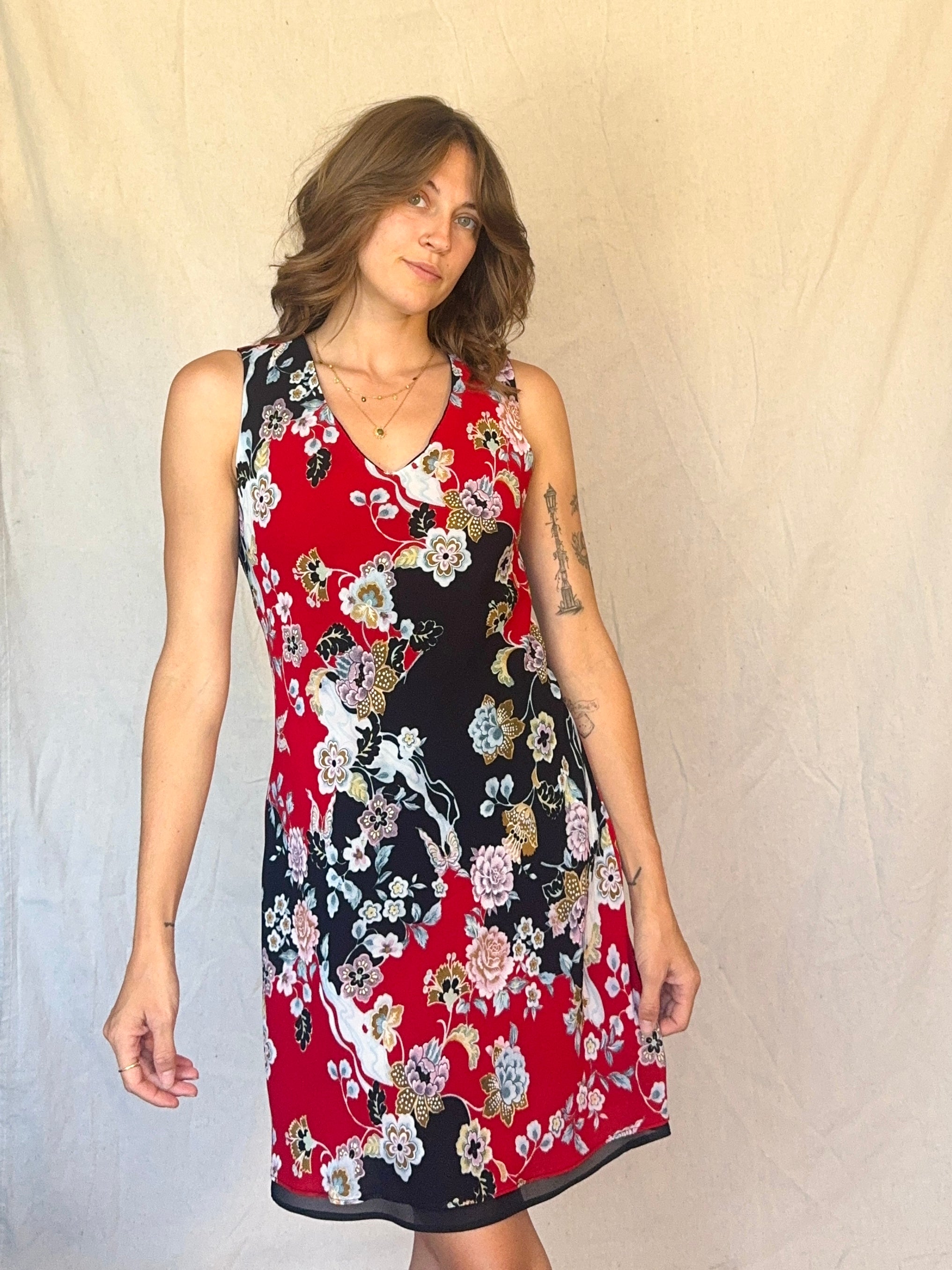 90s Black & Red Floral Butterfly Whimsigoth Chiffon Mini Dress