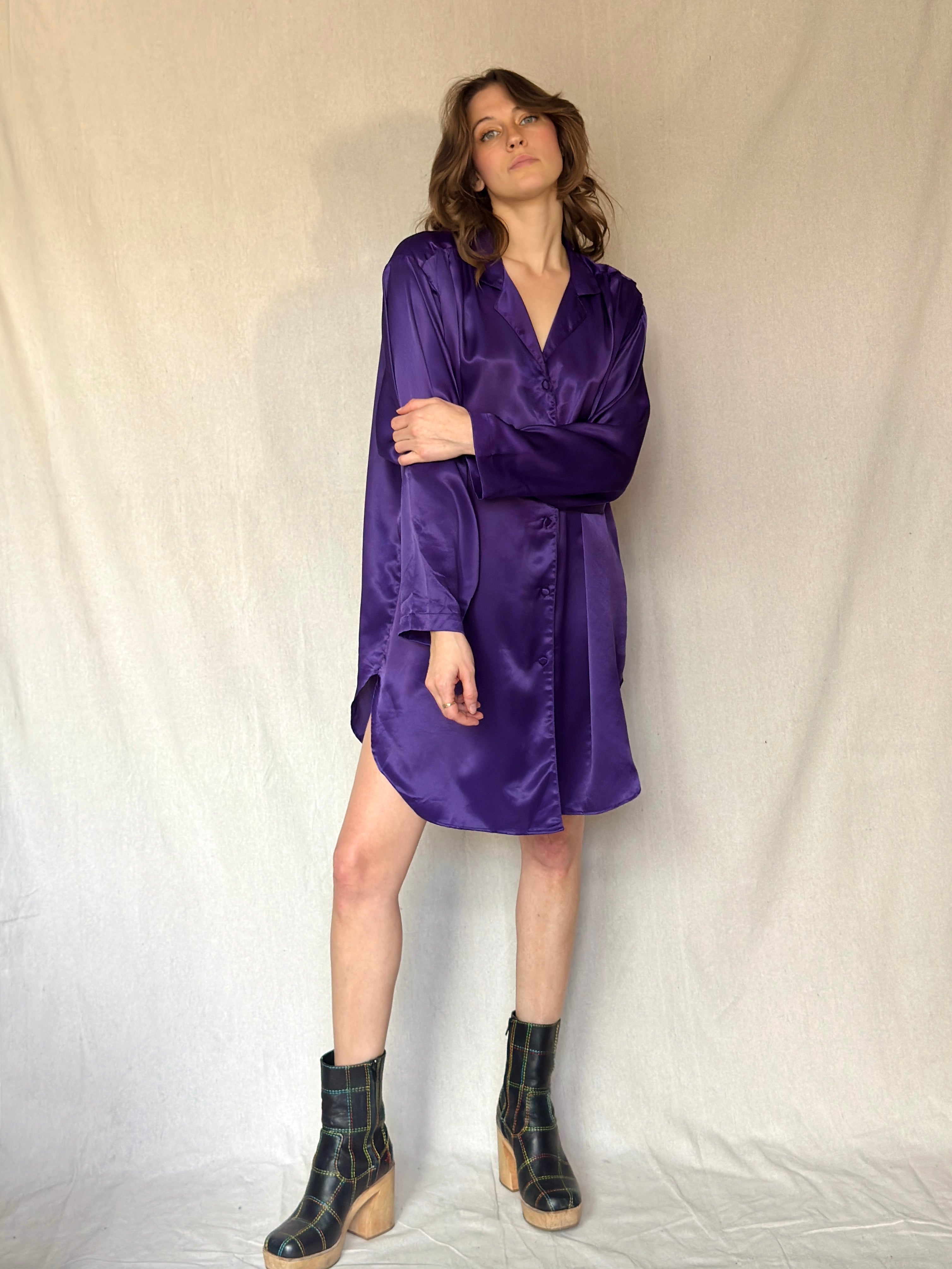 90s Purple Satin Button Up Dress