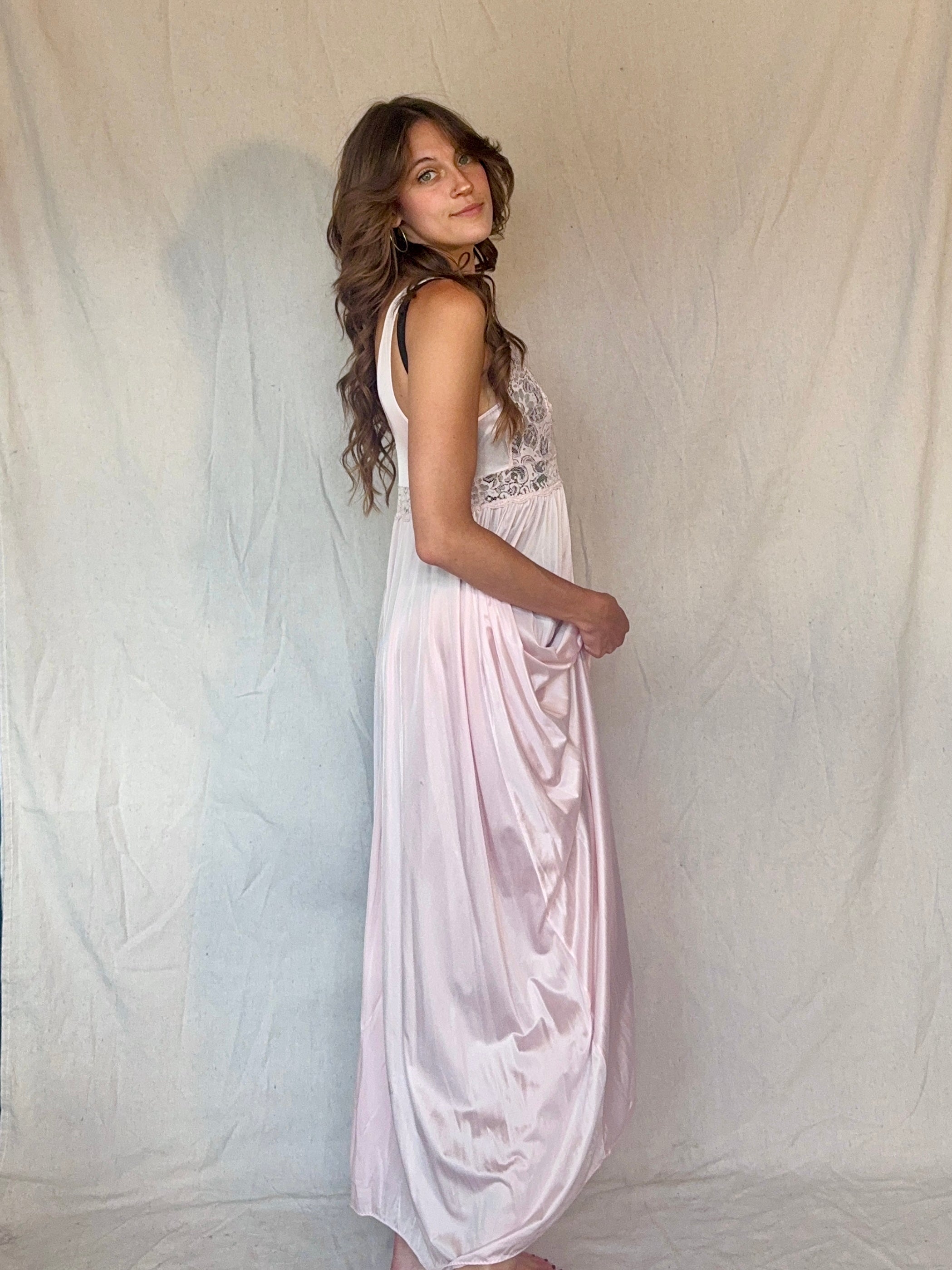 90s Baby Pink Nylon Lace Slip Dress