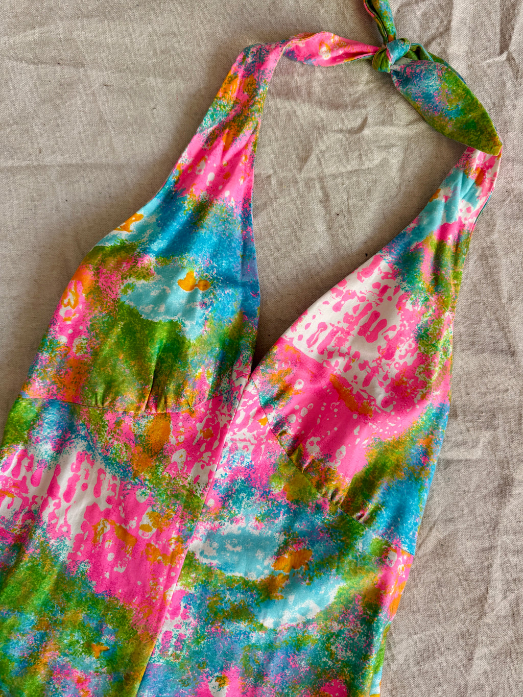 60s Handmade Dayglo Halter Maxi Dress