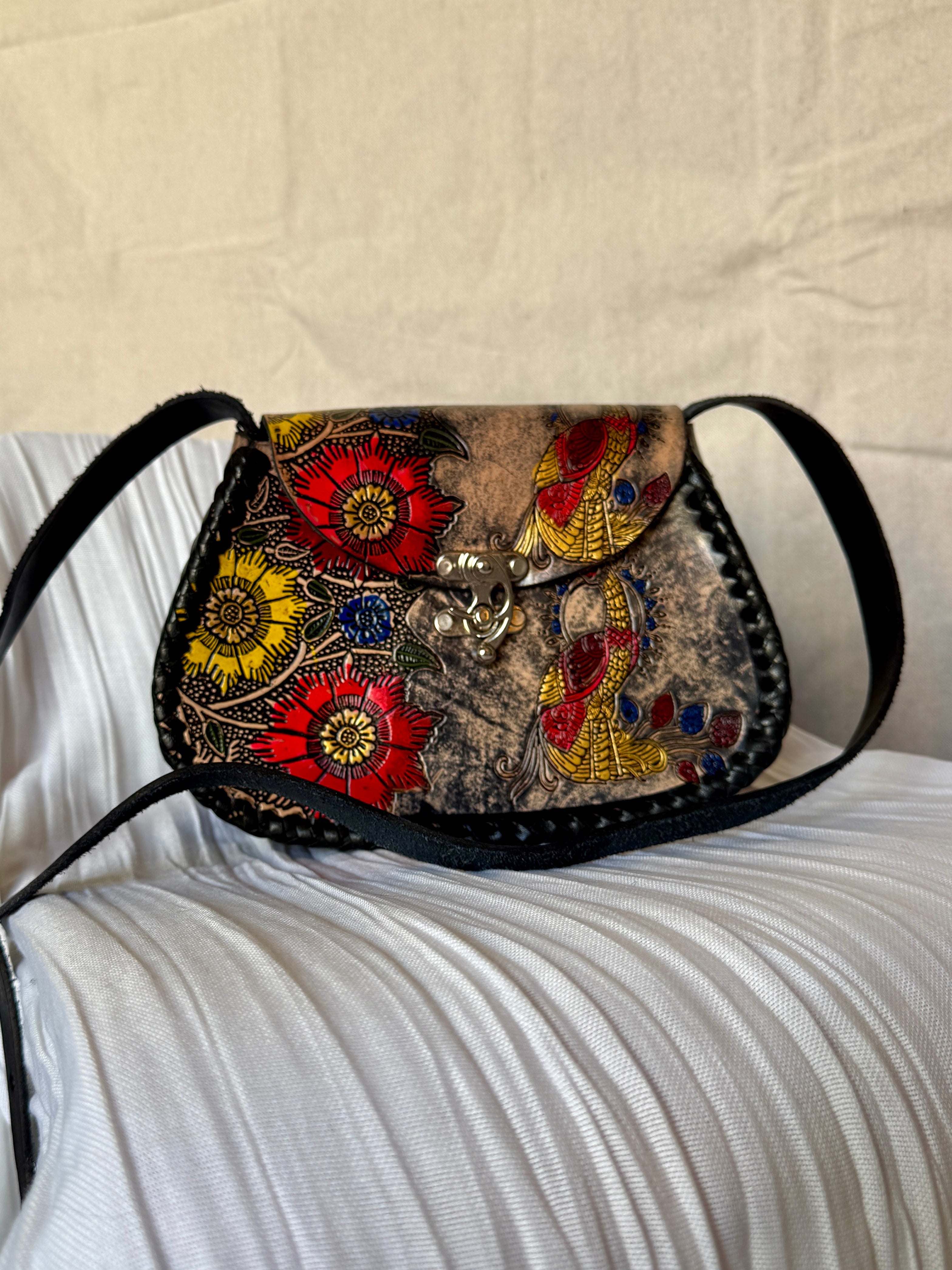 Black Leather Hand Tooled and Painted Peacock Flower Crossbody Bag
