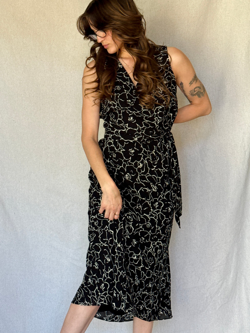 90s Black Floral Sleeveless Wrap Dress