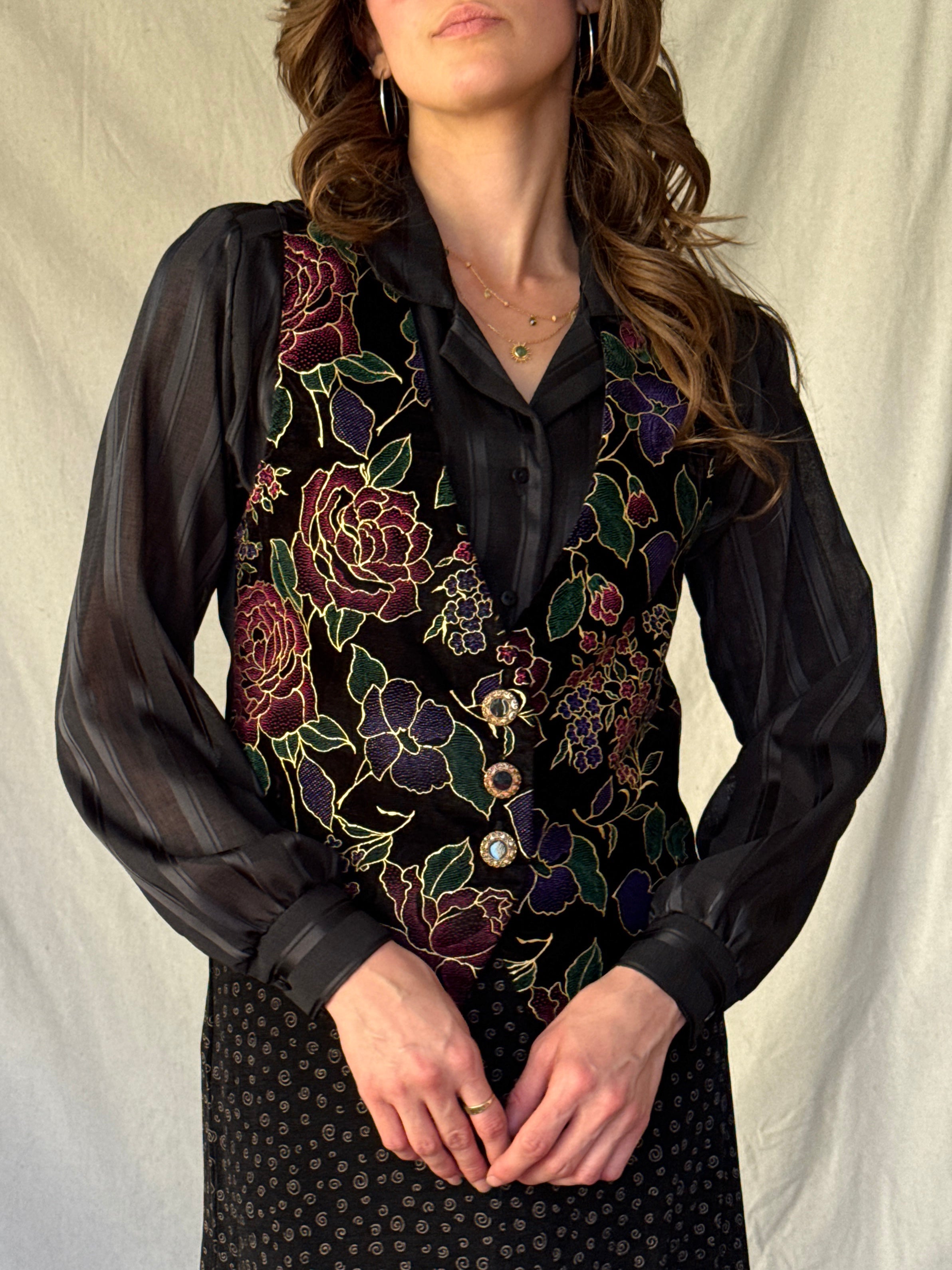 80s Black Velvet Floral Tux Vest