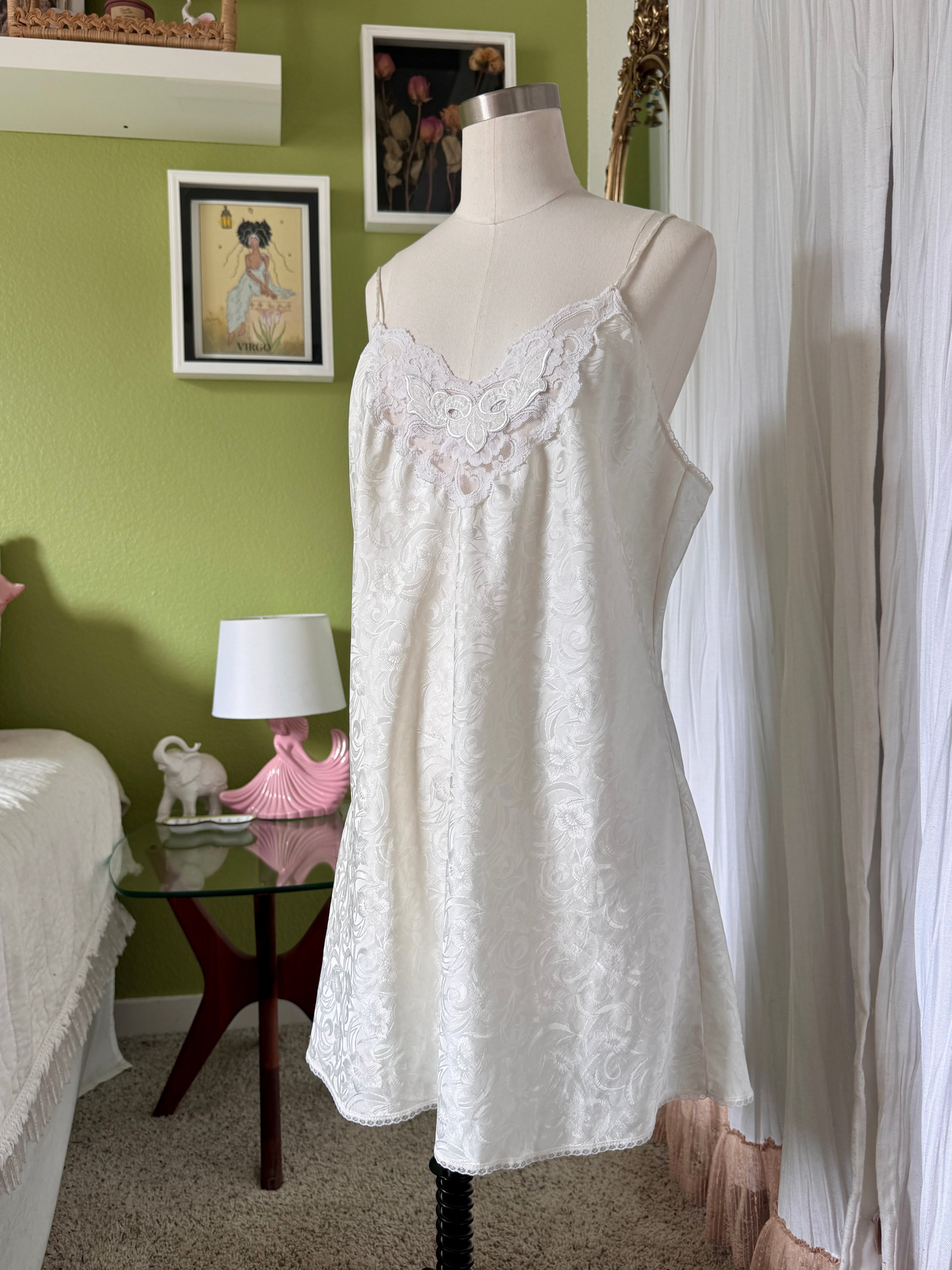 90s Ivory Satin Lace Jacquard Slip Dress