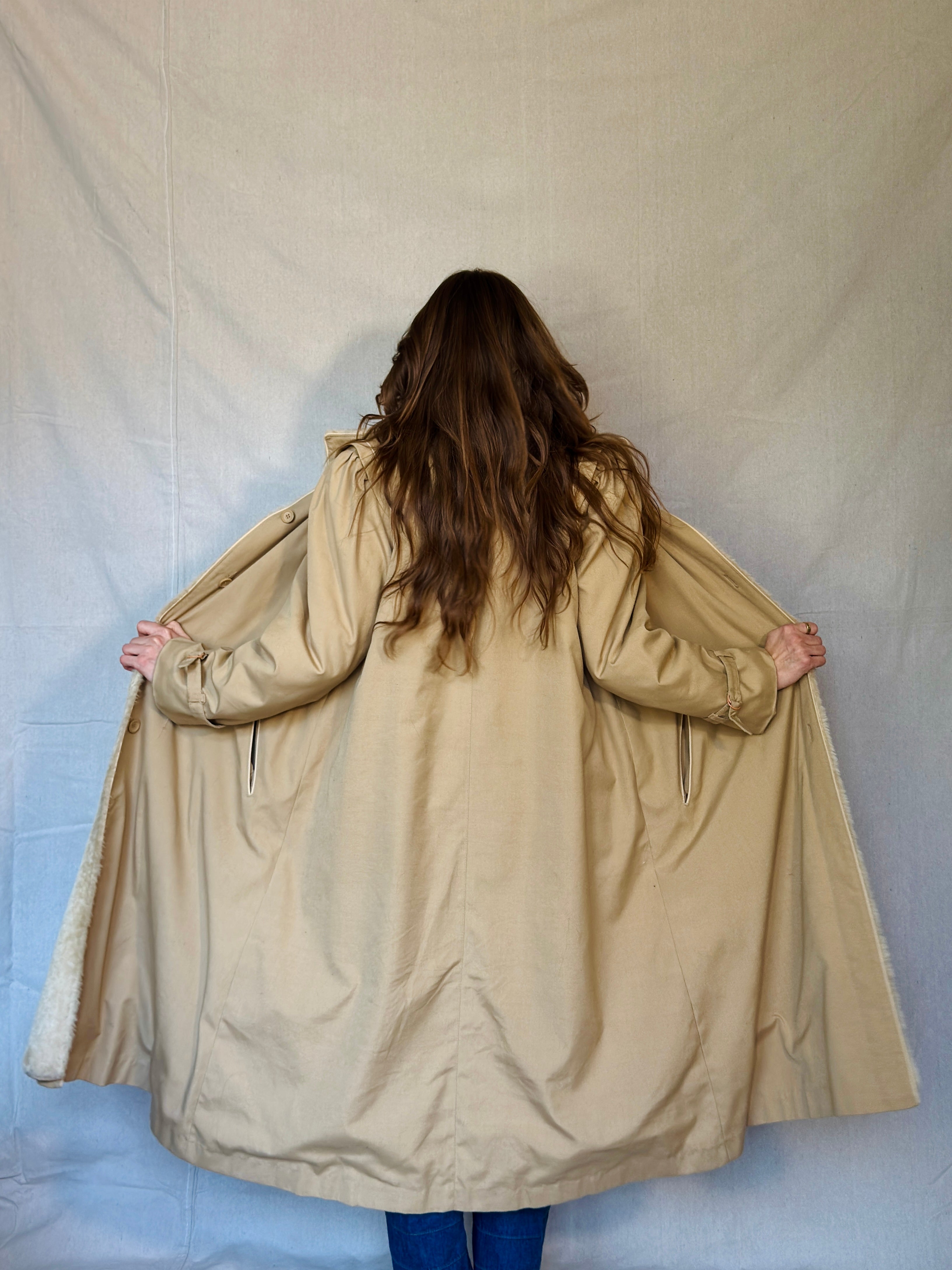 70s Tan Faux Shearling Trench Coat