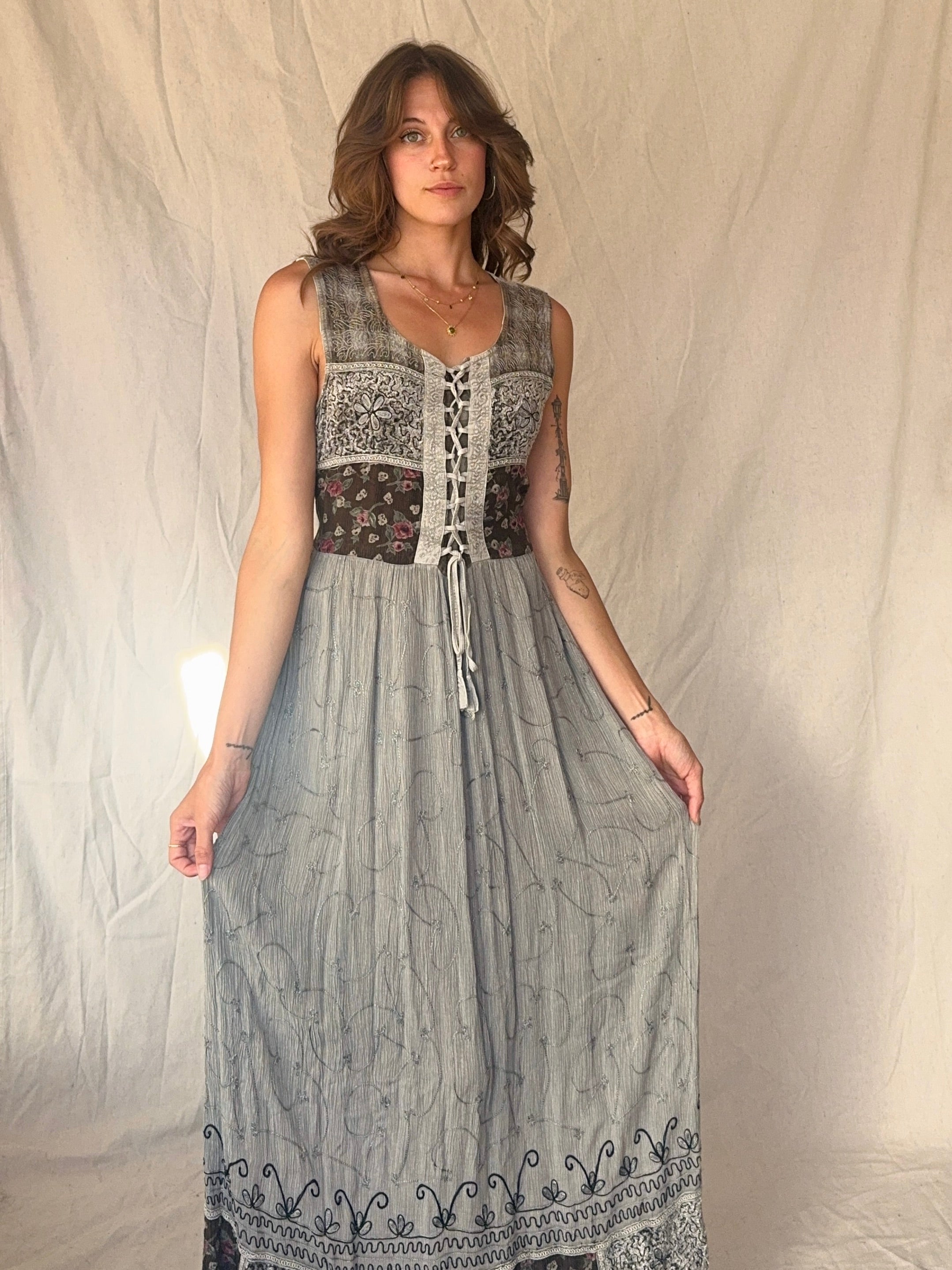 90s Grey Patchwork Whimsigoth Embroidered Fairy Maxi Dress